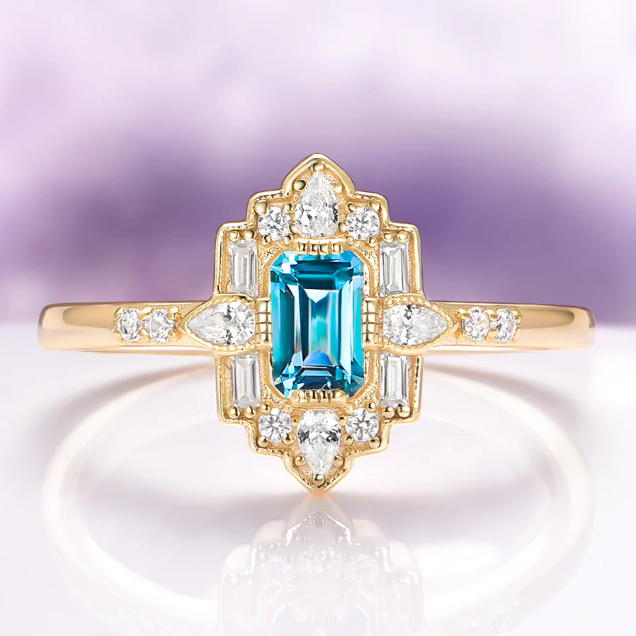 Art Deco London Blue Topaz Engagement Ring in 14K Solid Yellow Gold