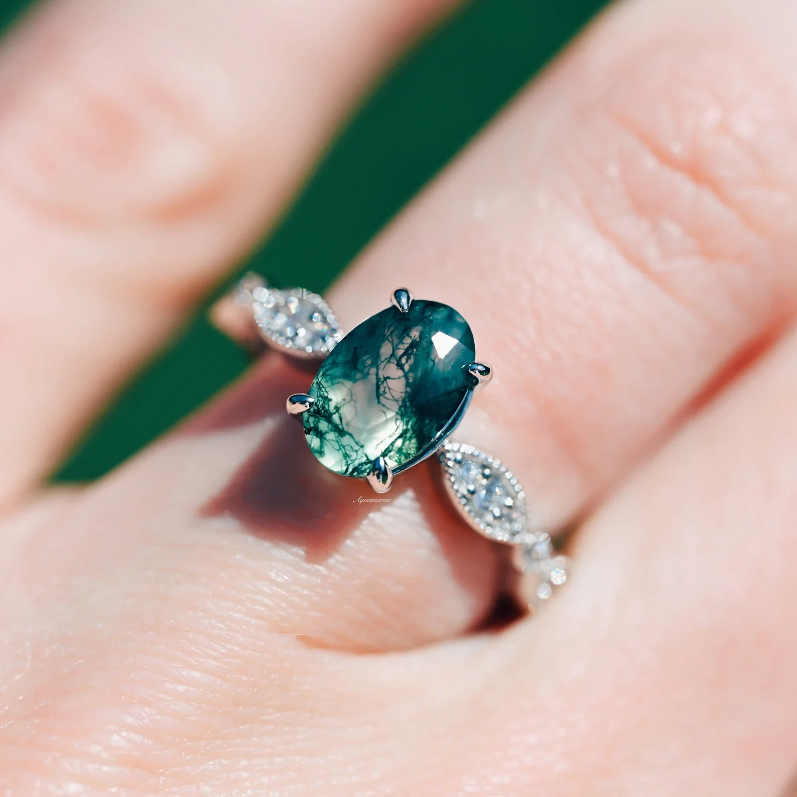 Art Deco Natural Moss Agate Ring in Sterling Silver - Image 2