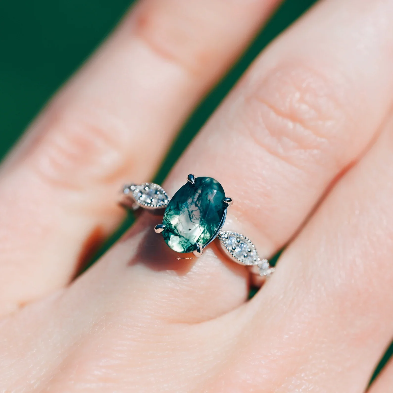 Art Deco Natural Moss Agate Ring in Sterling Silver - Image 3