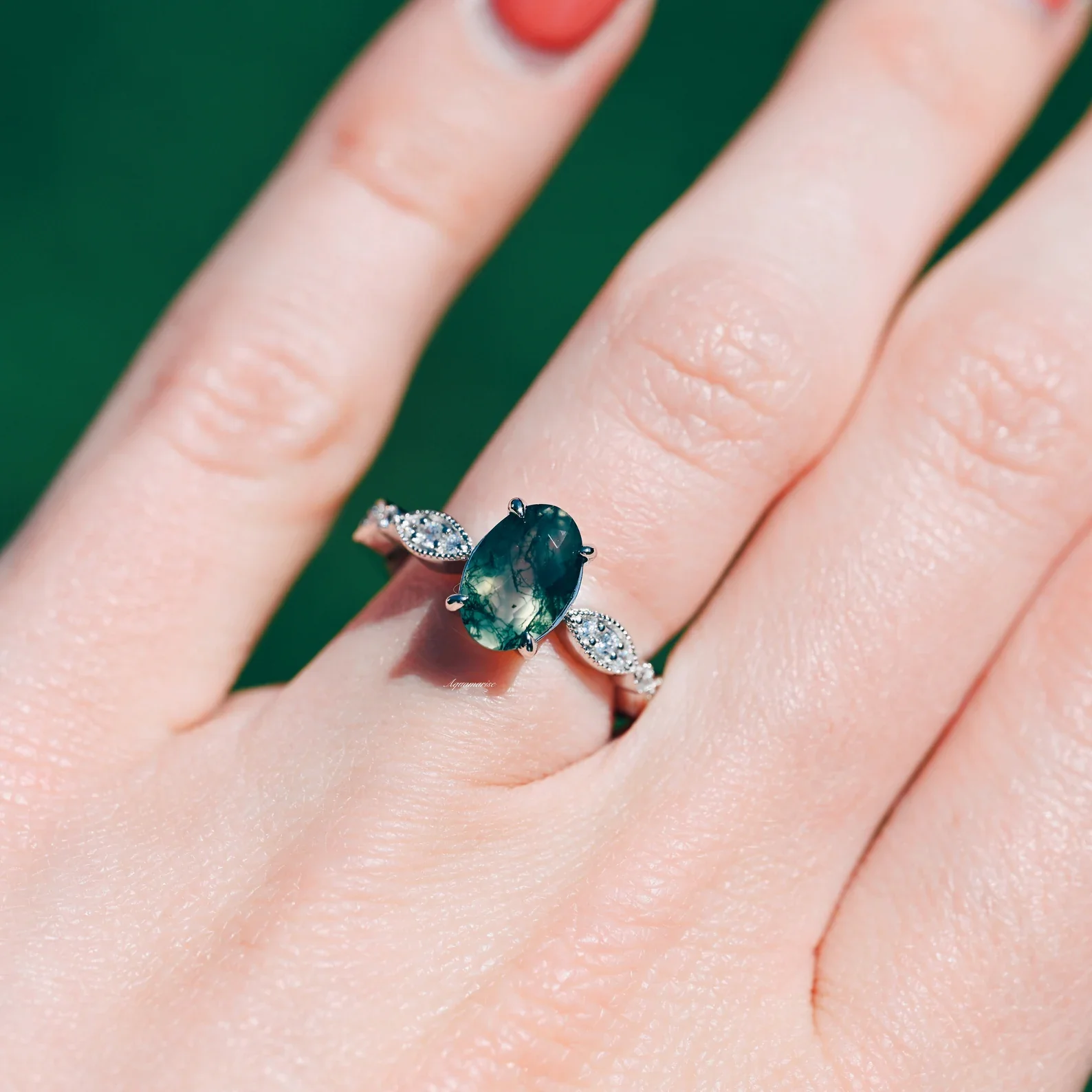 Art Deco Natural Moss Agate Ring in Sterling Silver - Image 4