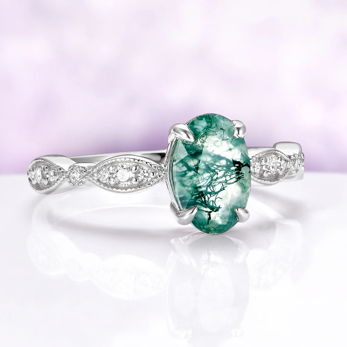 Art Deco Natural Moss Agate Ring in Sterling Silver - Image 5