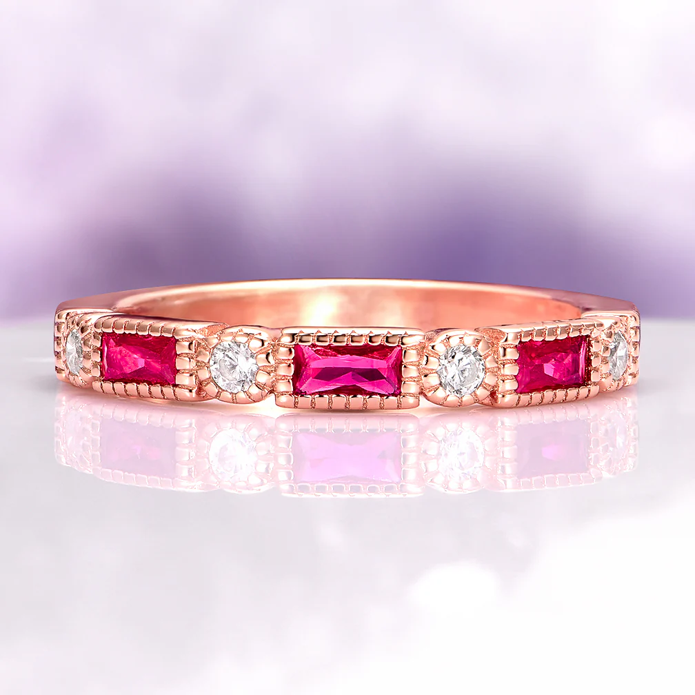 Art Deco Ruby Wedding Band in 14K Solid Rose Gold