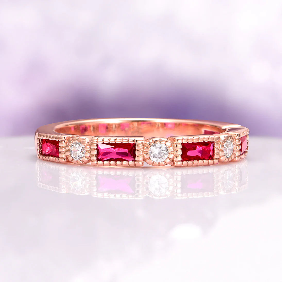 Art Deco Ruby Wedding Band in 14K Solid Rose Gold - Image 5