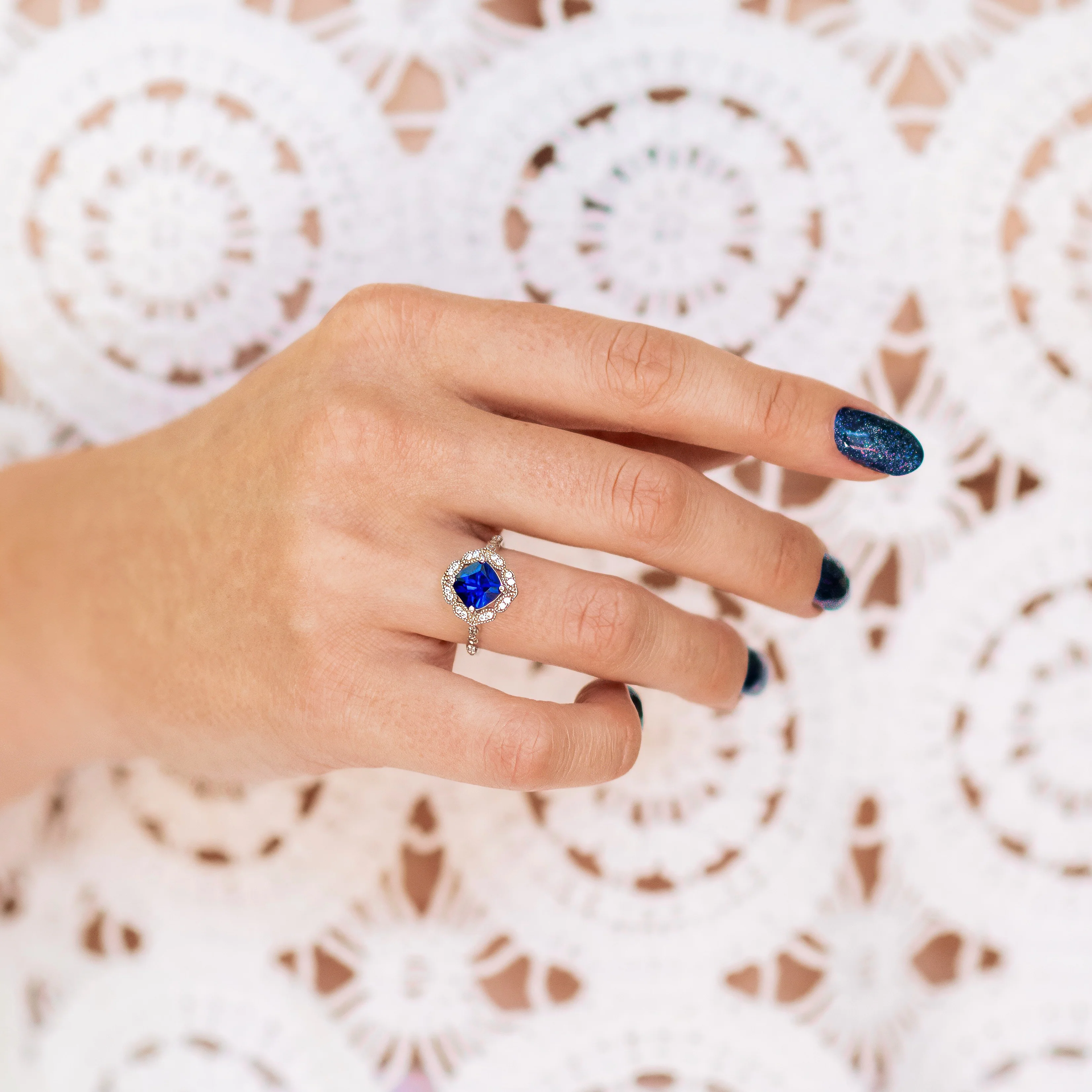 Cushion Cut Blue Sapphire Engagement Ring in Sterling Silver - Image 2