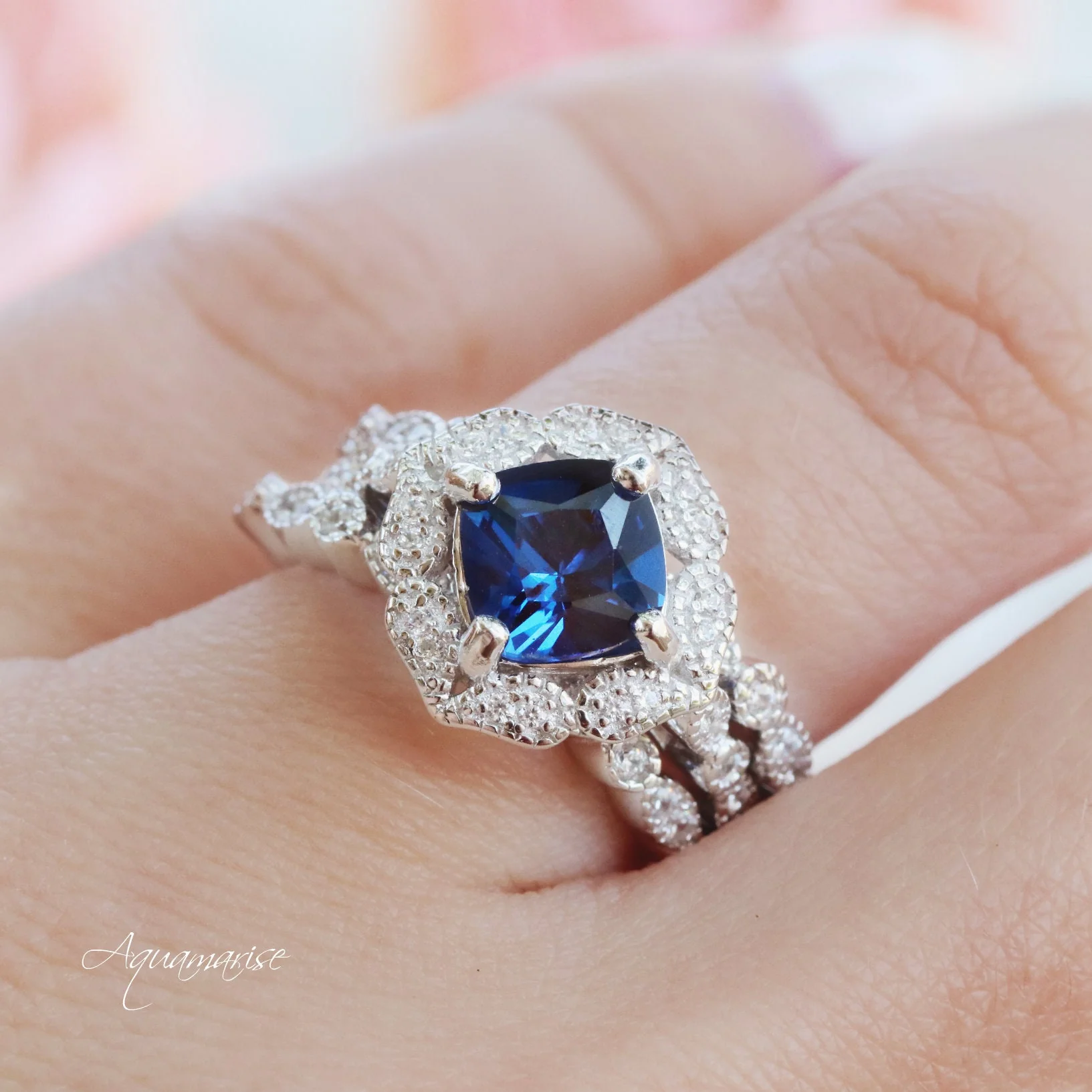 Cushion Cut Blue Sapphire Engagement Ring in Sterling Silver - Image 3