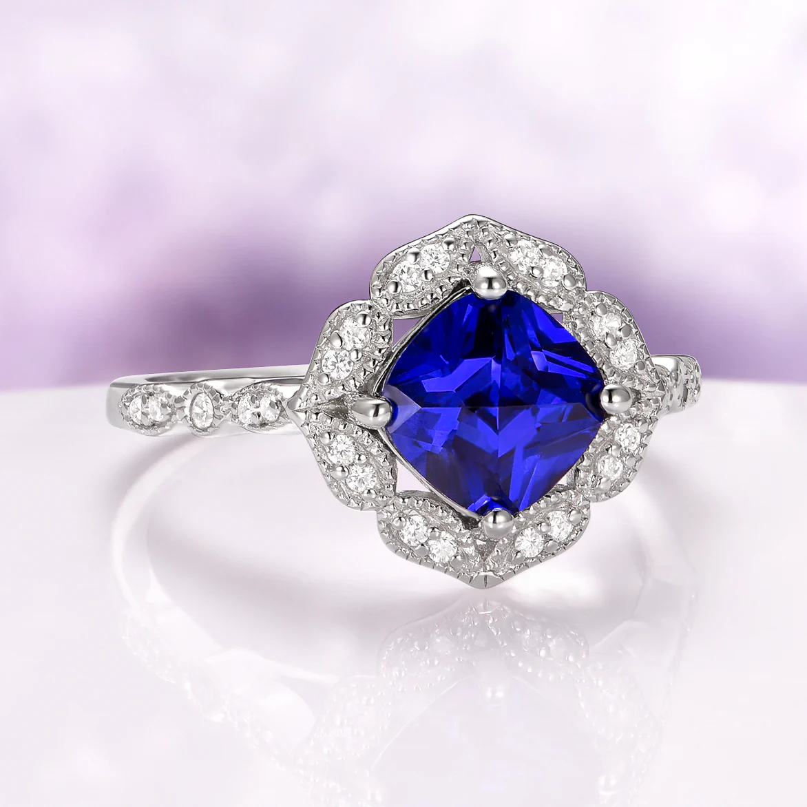 Cushion Cut Blue Sapphire Engagement Ring in Sterling Silver - Image 5