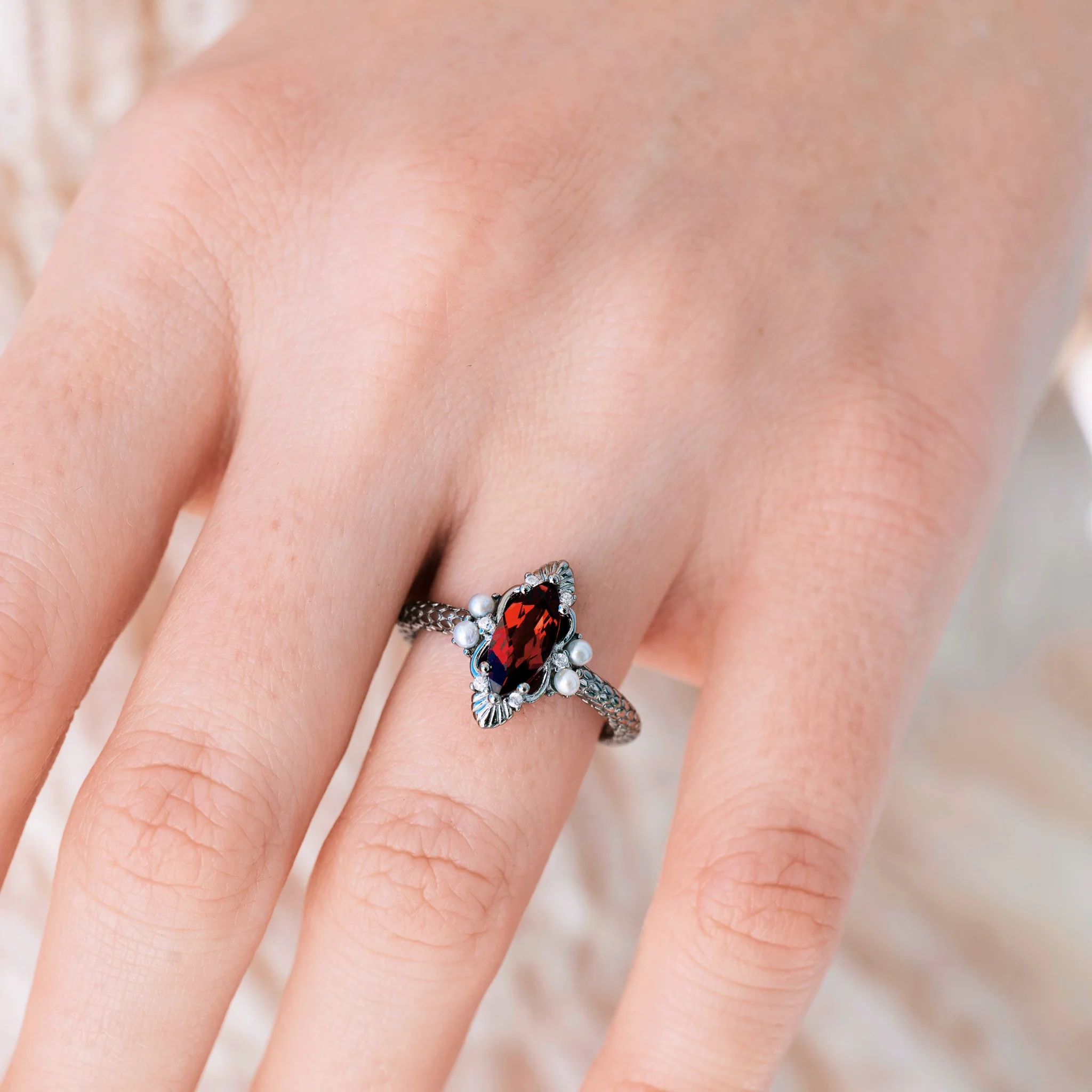 Arwen Marquise Cut Red Garnet & Pearl Ring in Black Ruthenium - Image 3