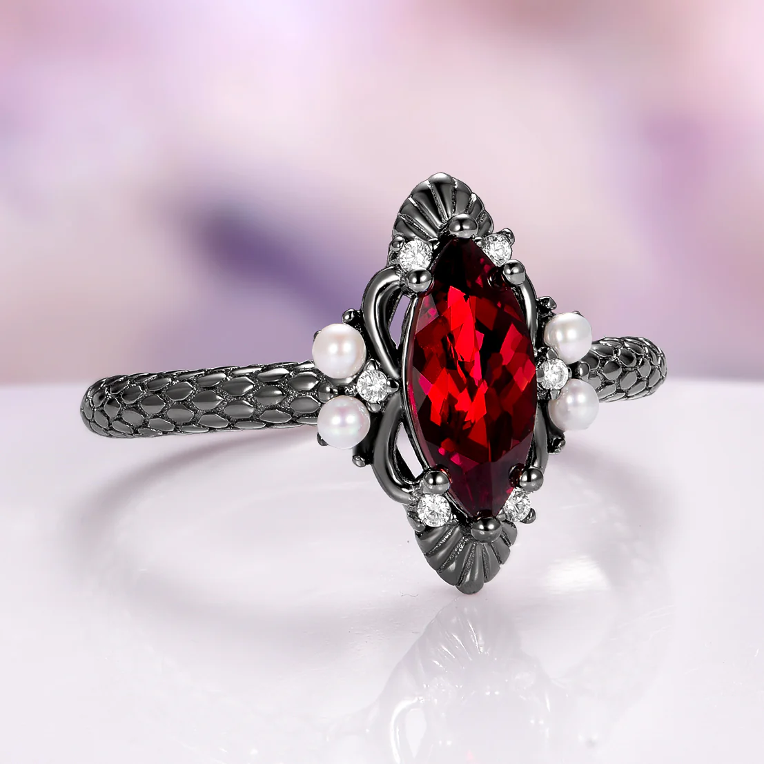 Arwen Marquise Cut Red Garnet & Pearl Ring in Black Ruthenium - Image 4