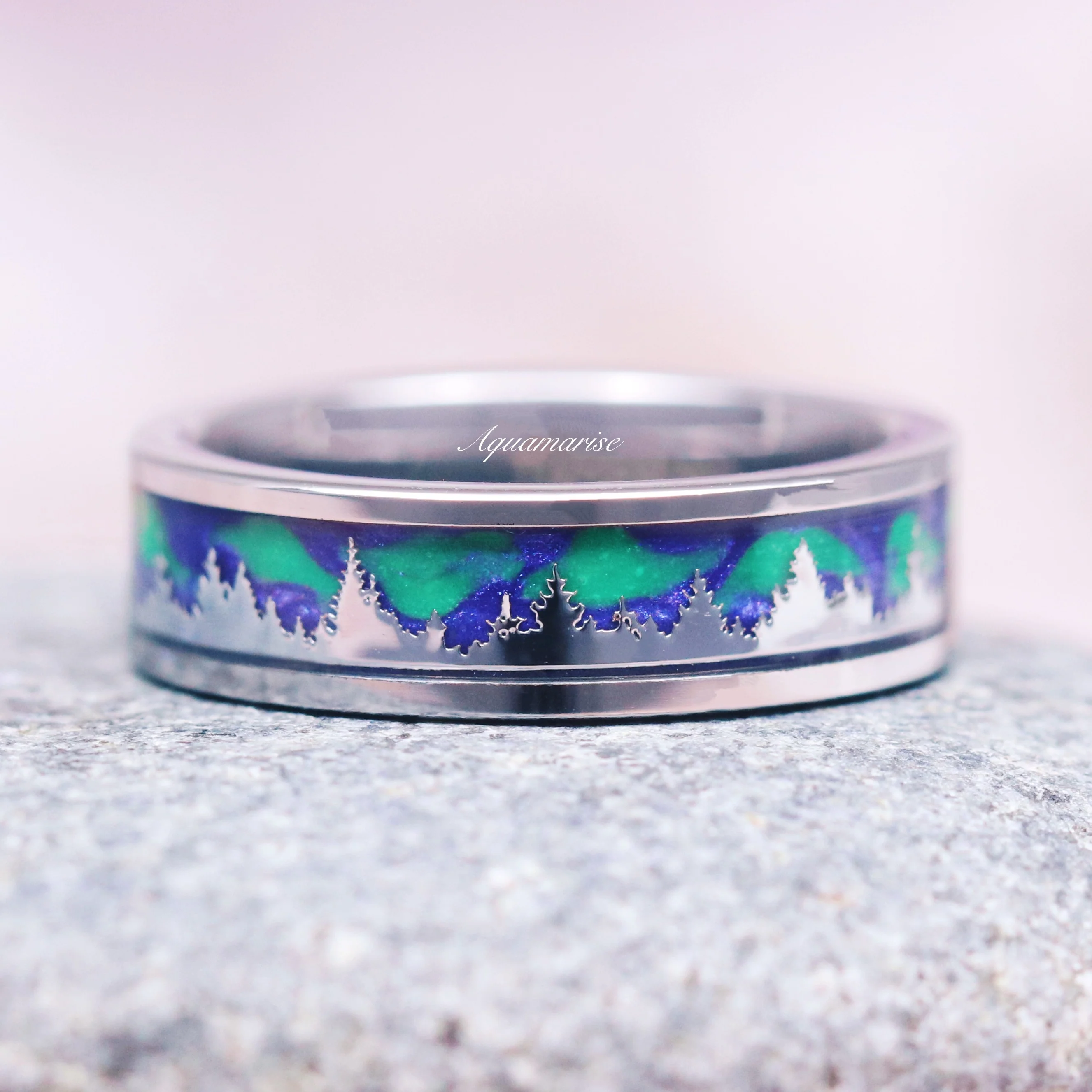 Aurora Borealis Forest Couples Ring Set- Northern Lights & Trees - Image 3