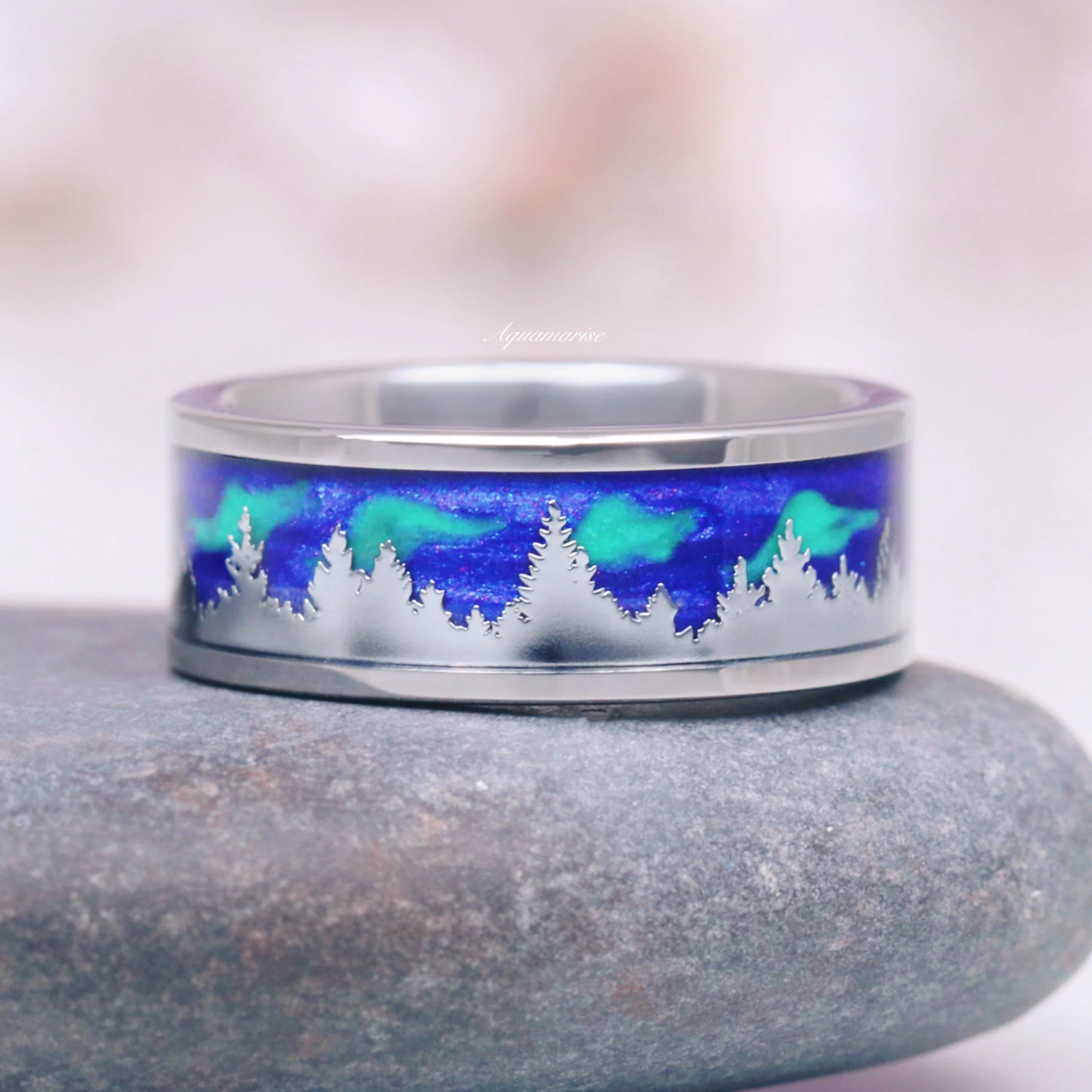 Aurora Borealis Forest Couples Ring Set- Northern Lights & Trees - Image 4