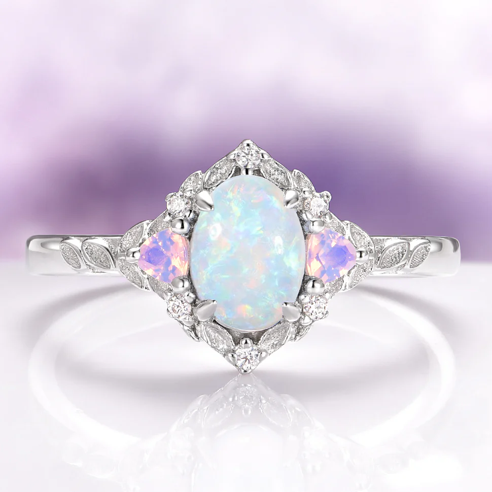 Australian Opal Leaf Engagement Ring in 14K White Gold