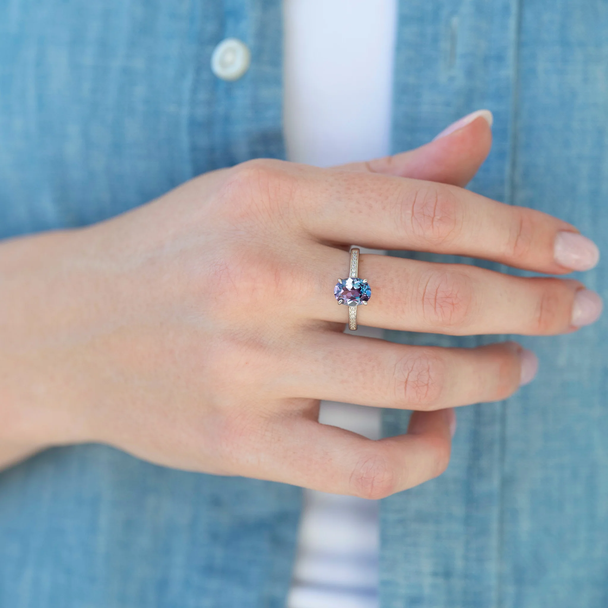 Ava Oval Cut Alexandrite Engagement Ring in 14K White Gold - Image 2