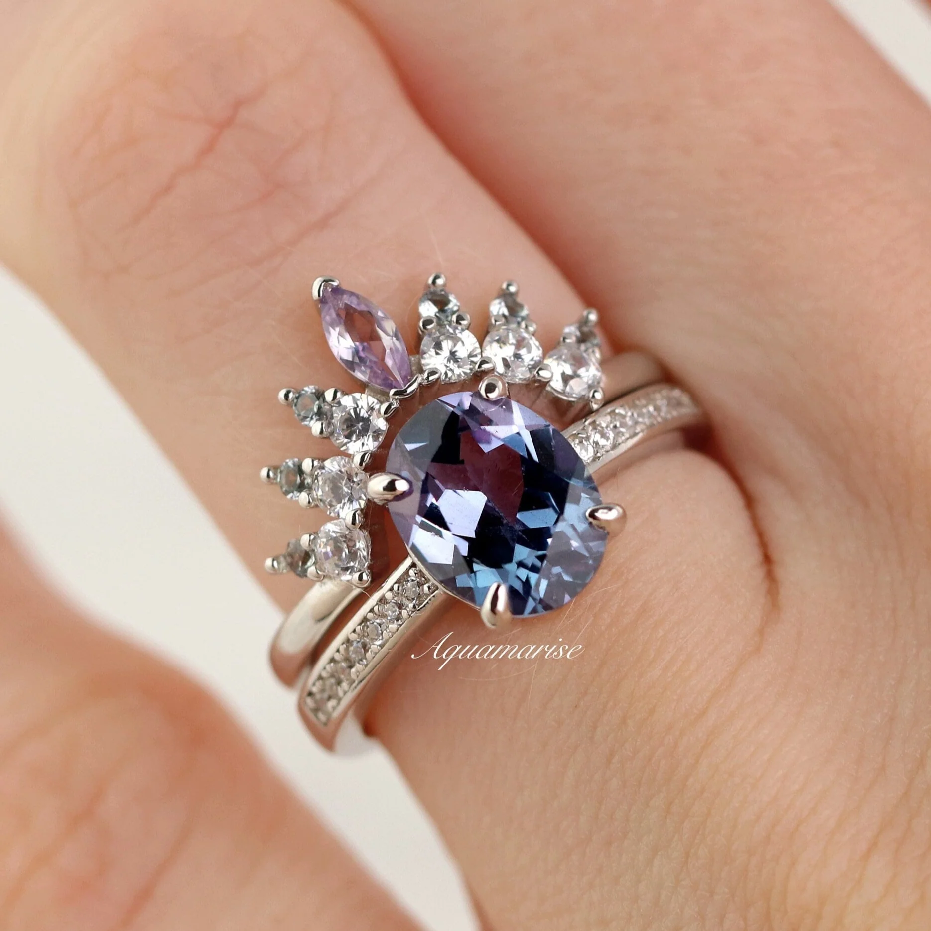 Ava Oval Cut Alexandrite Engagement Ring in 14K White Gold - Image 3