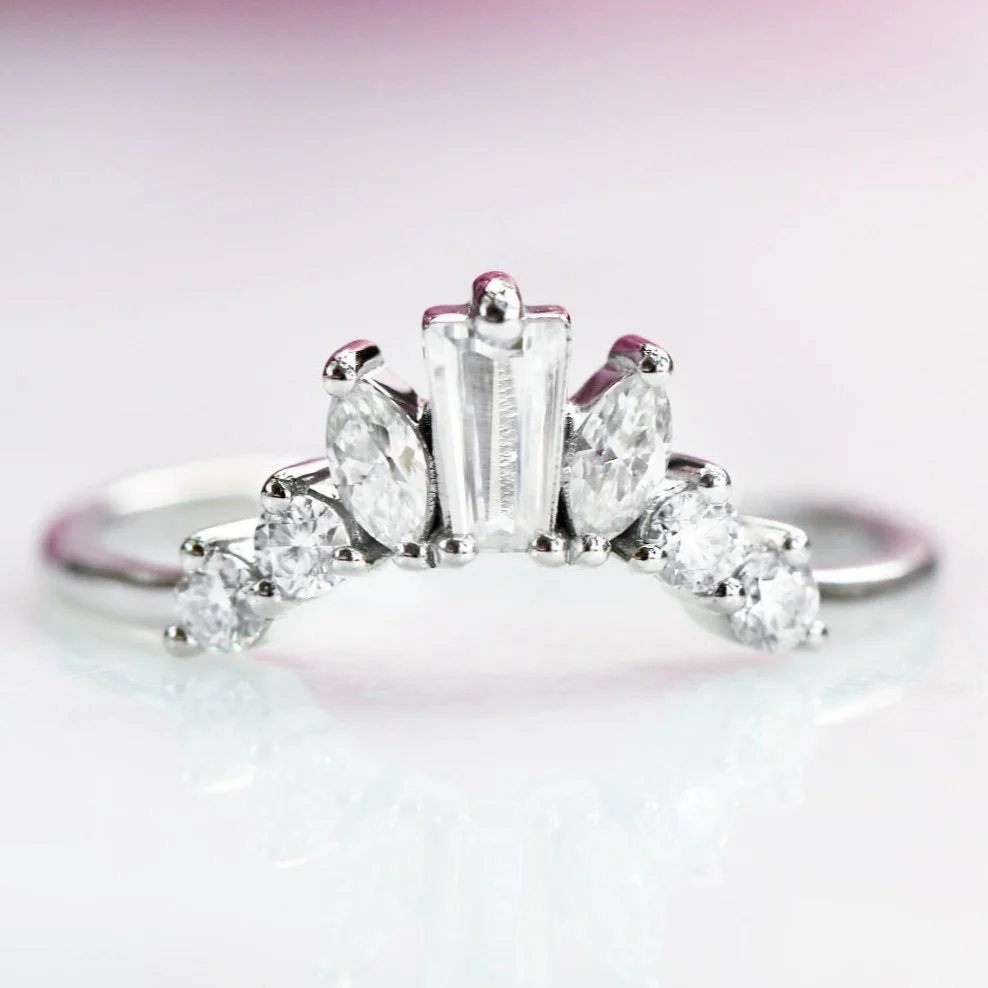 Tapered Baguette & Marquise Cluster Natural Diamond or Moissanite Wedding Band in 14K White Gold