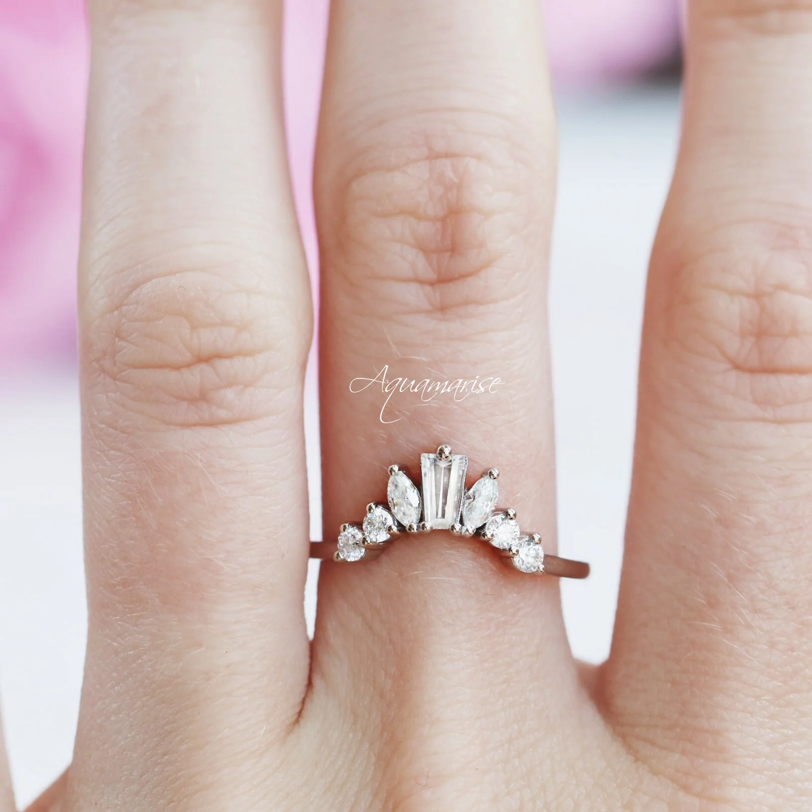 Tapered Baguette & Marquise Cluster Natural Diamond or Moissanite Wedding Band in 14K White Gold - Image 2