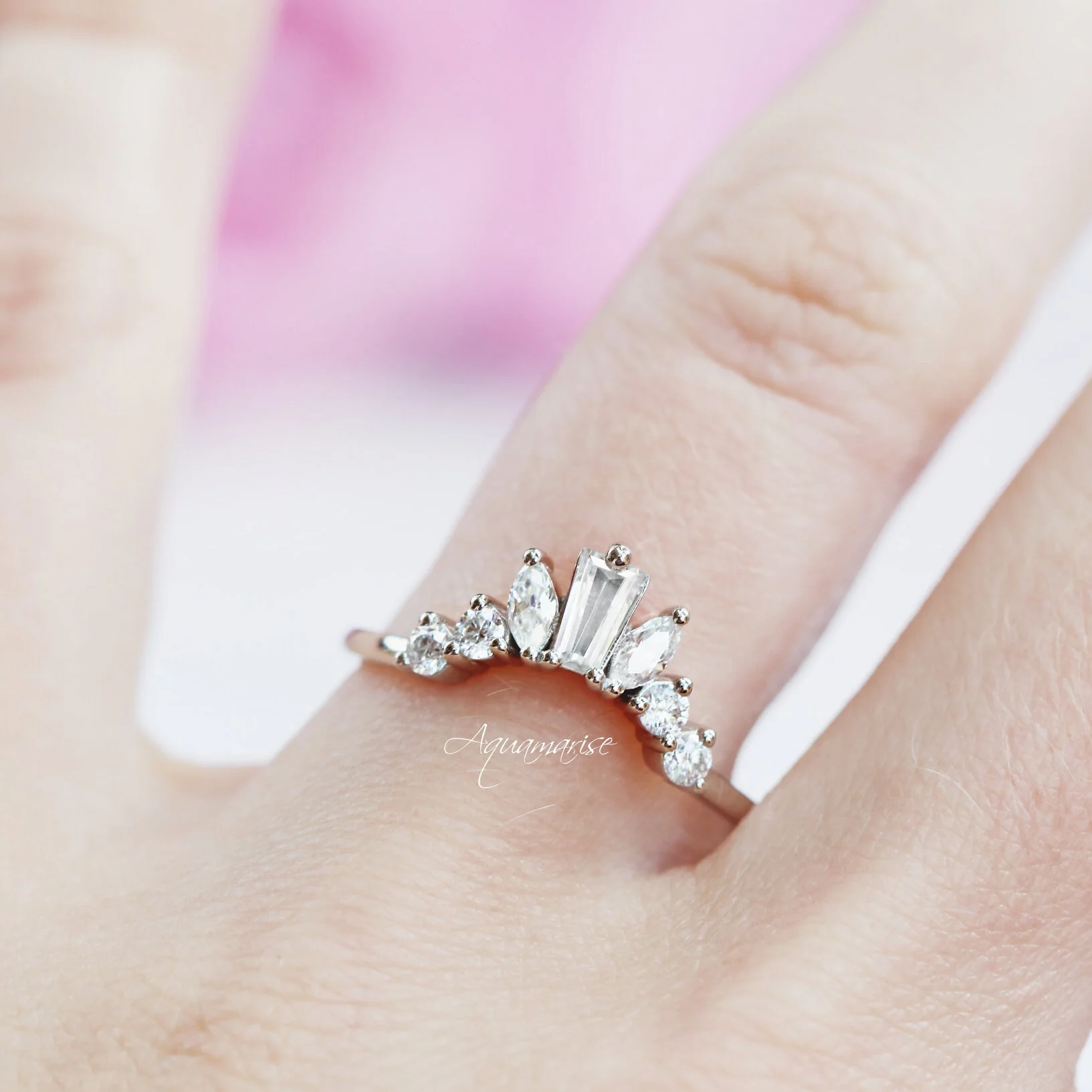 Tapered Baguette & Marquise Cluster Natural Diamond or Moissanite Wedding Band in 14K White Gold - Image 3