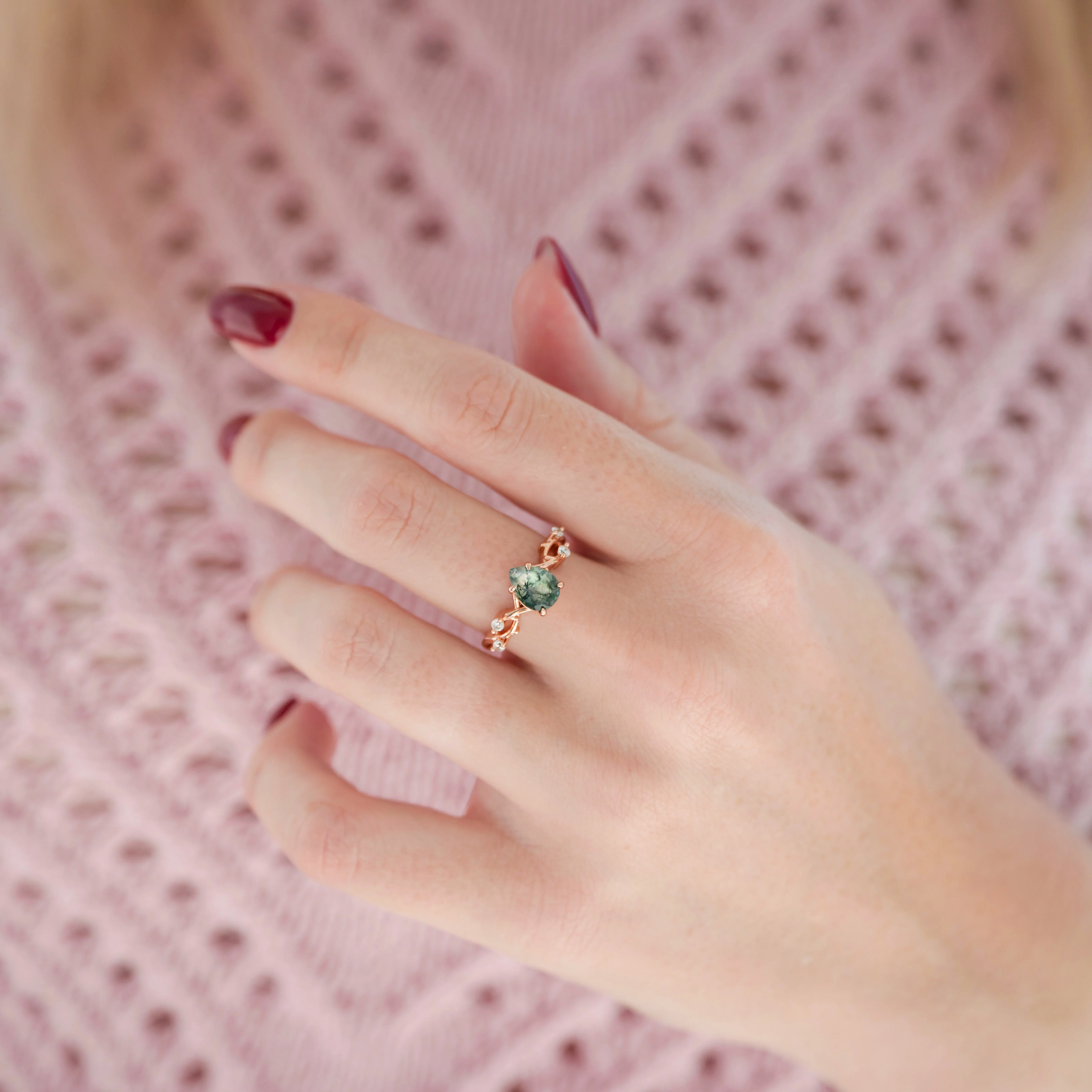Green Moss Agate Twig Ring in 14K Rose Gold Vermeil - Image 2