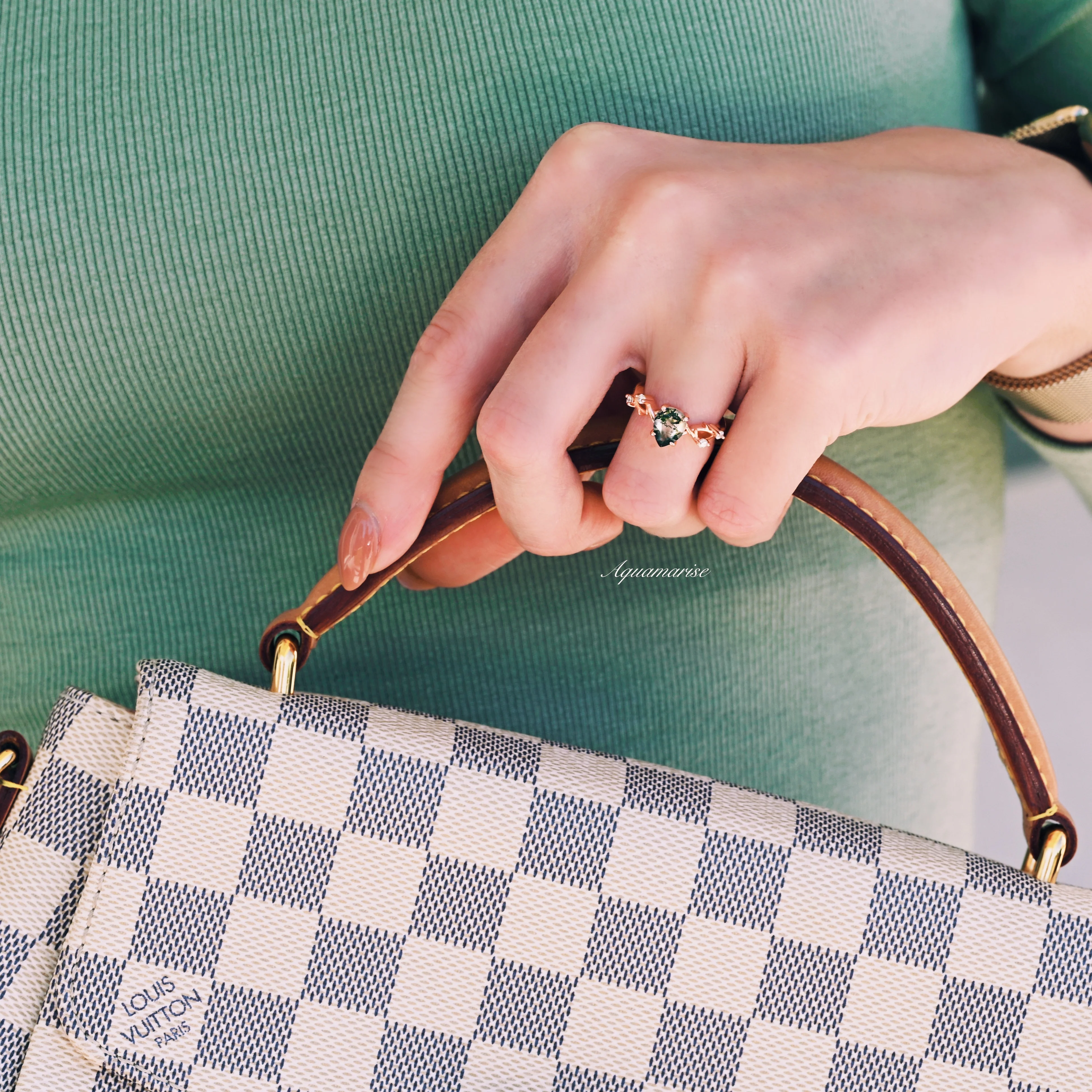 Green Moss Agate Twig Ring in 14K Rose Gold Vermeil - Image 3