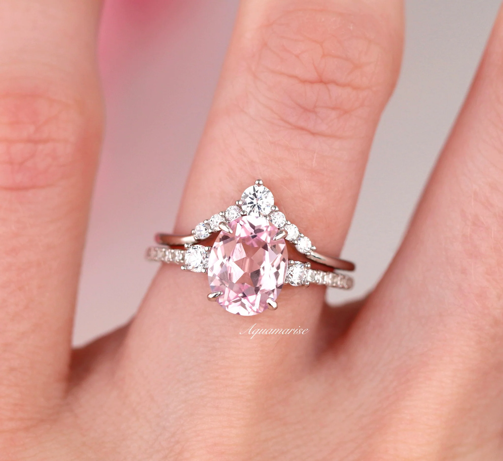 Bella Oval Cut Pink Sapphire Engagement Ring Set in 14K White Gold - Image 3