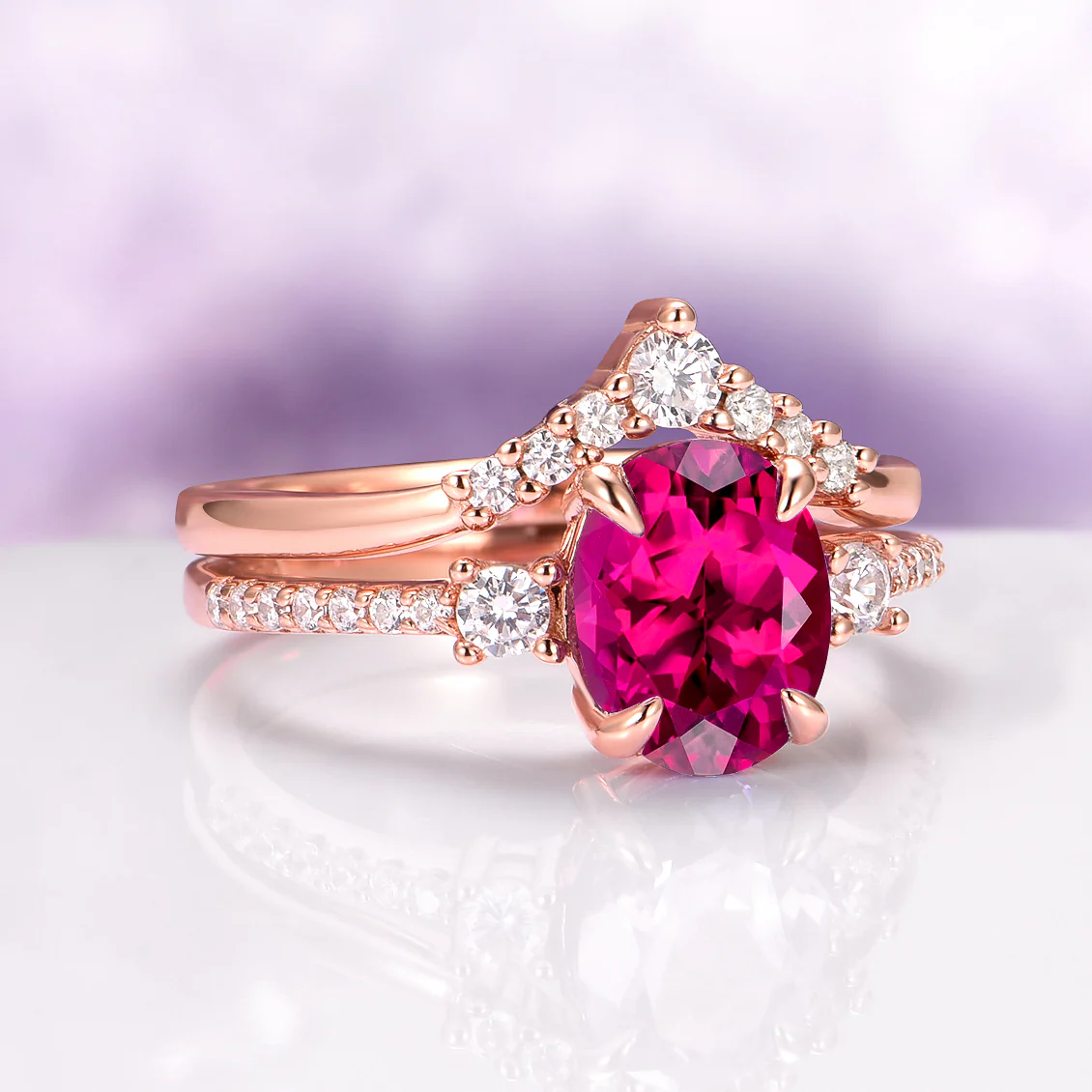 Bella Oval Cut Ruby Engagement Ring Set in 14K Solid Rose Gold - Image 4