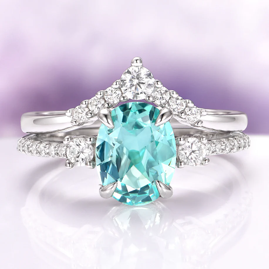 Bella Oval Cut Teal Sapphire Engagement Ring Set in 14K White Gold