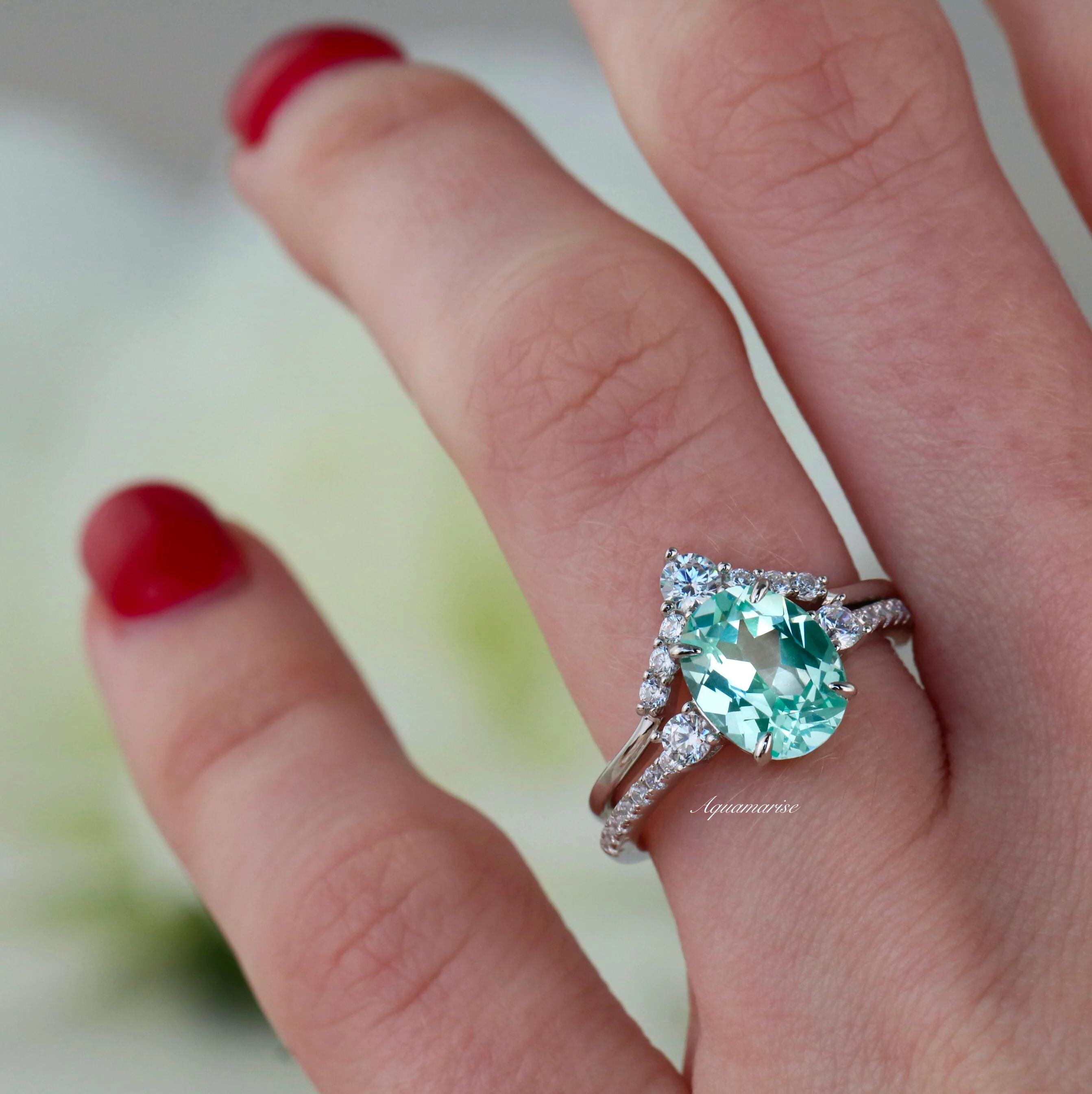 Bella Oval Cut Teal Sapphire Engagement Ring Set in 14K White Gold - Image 2