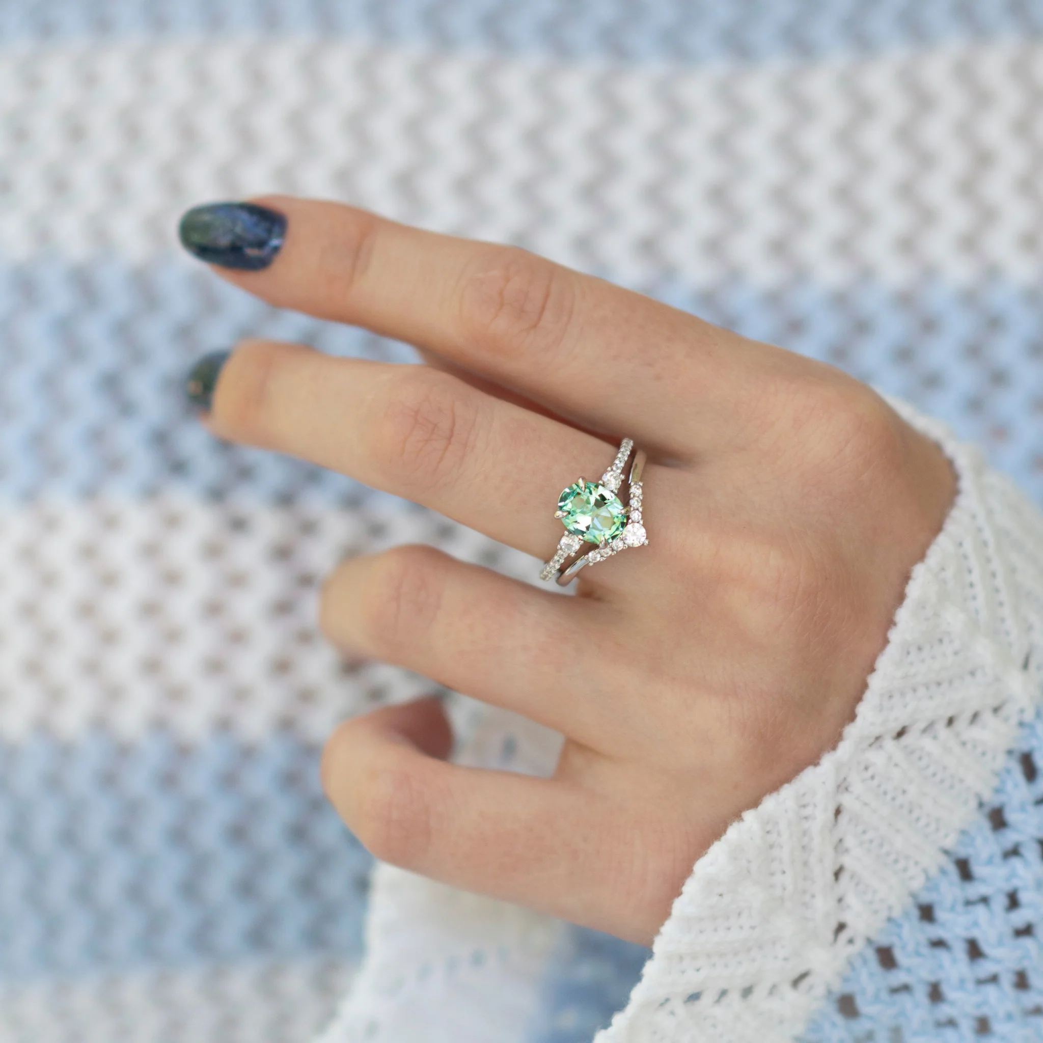 Bella Oval Cut Teal Sapphire Engagement Ring Set in 14K White Gold - Image 4