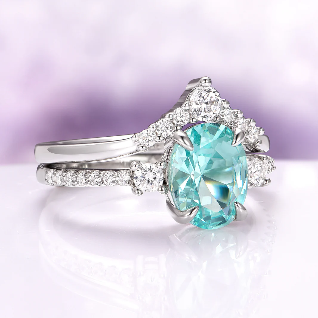Bella Oval Cut Teal Sapphire Engagement Ring Set in 14K White Gold - Image 5