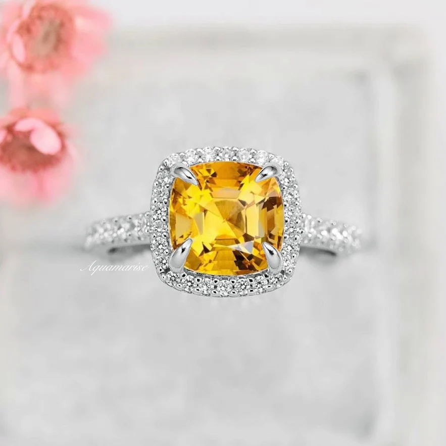 Belle Cushion Cut Natural Citrine Engagement Ring in 14K White Gold - Image 2