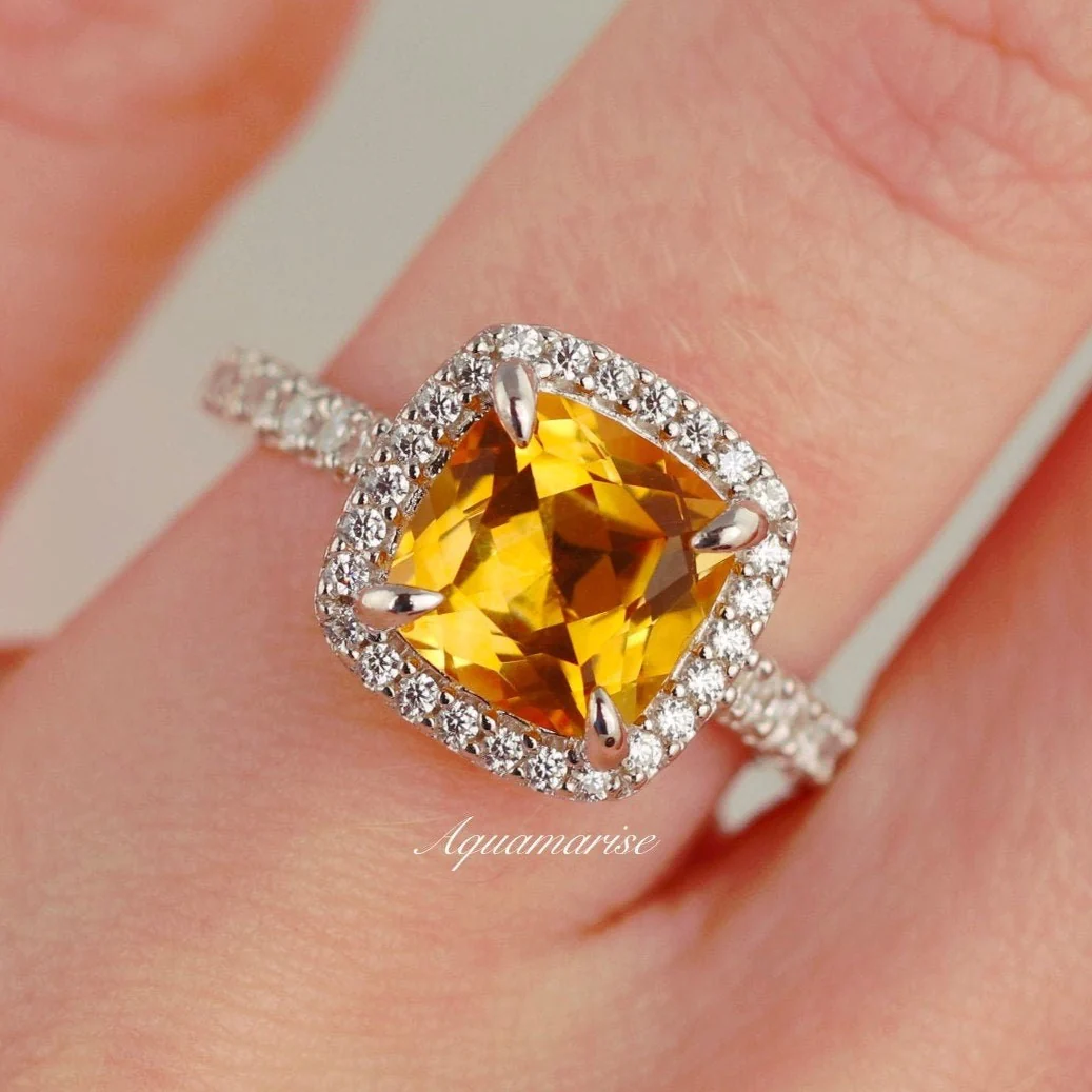Belle Cushion Cut Natural Citrine Engagement Ring in 14K White Gold - Image 3
