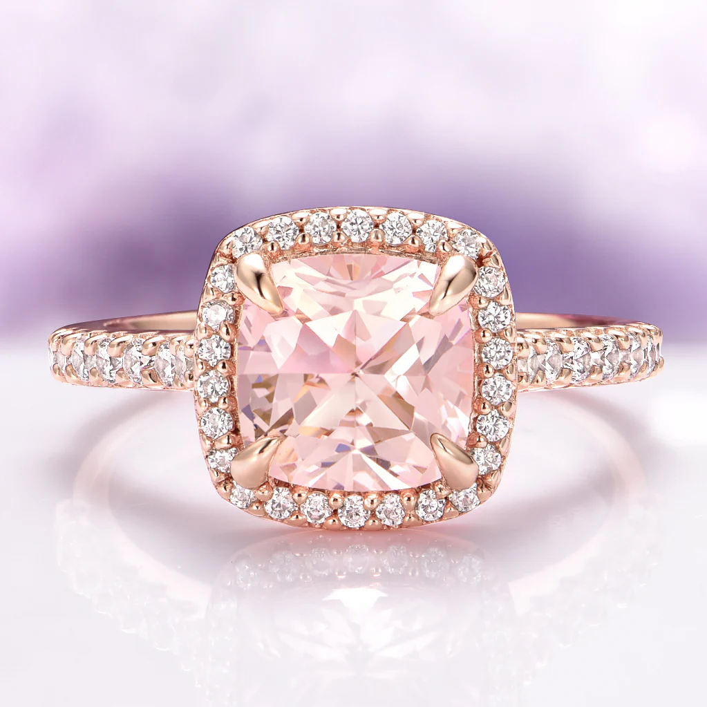 Belle Cushion Cut Natural Morganite Engagement Ring in 14K Solid Rose Gold