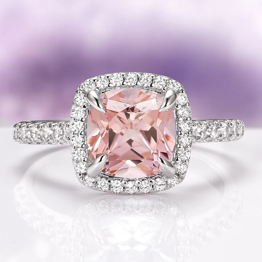 Belle Cushion Cut Natural Morganite Engagement Ring in 14K White Gold
