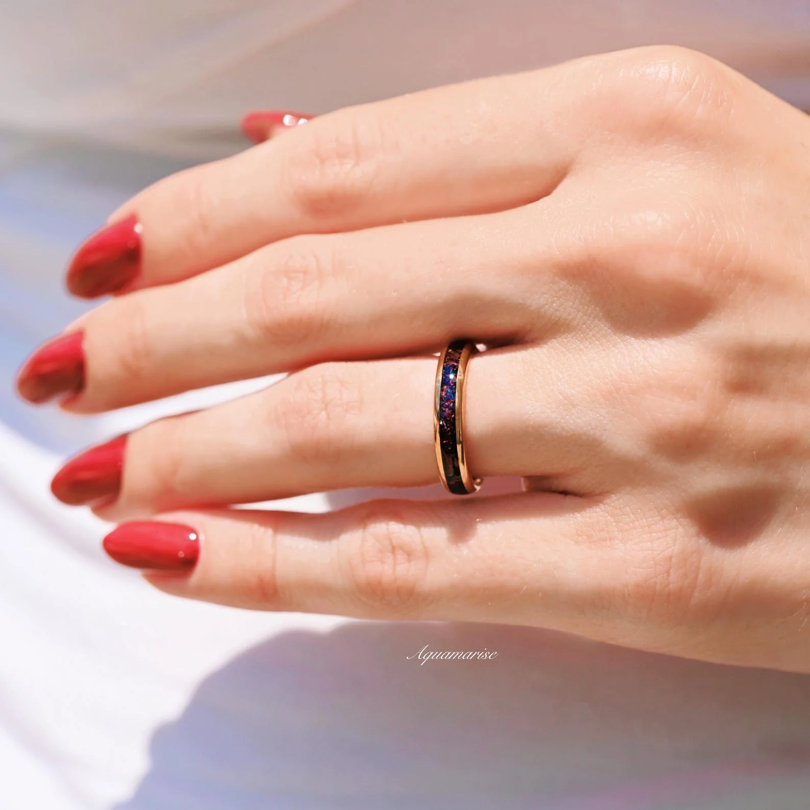 Black Fire Opal & Meteorite Couples Ring Set - Image 3