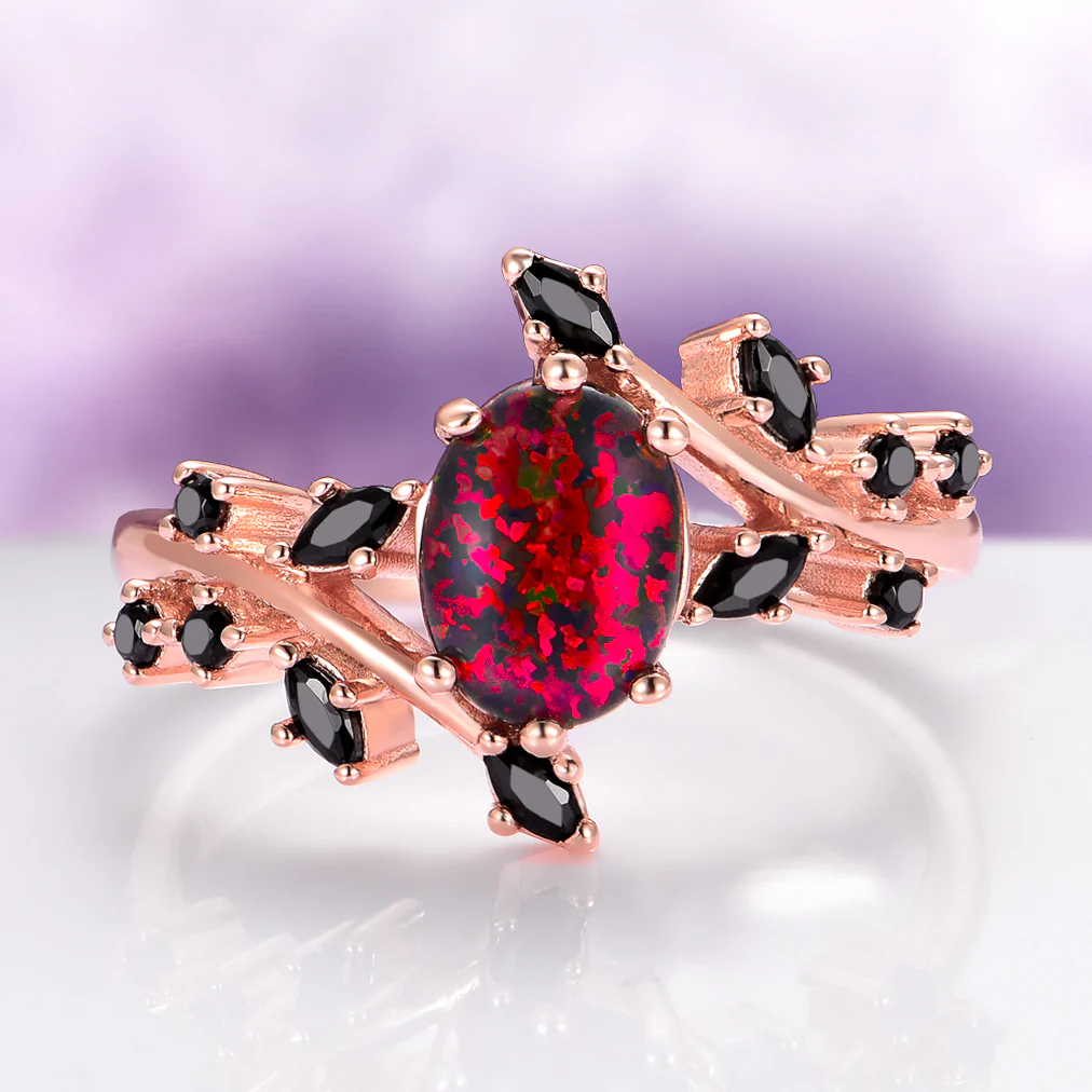 Black Fire Opal & Onyx Leaf Couples Ring Set - Image 3