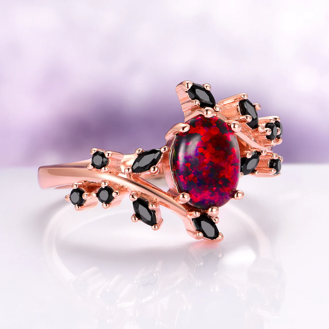 Black Fire Opal & Onyx Leaf Couples Ring Set - Image 7