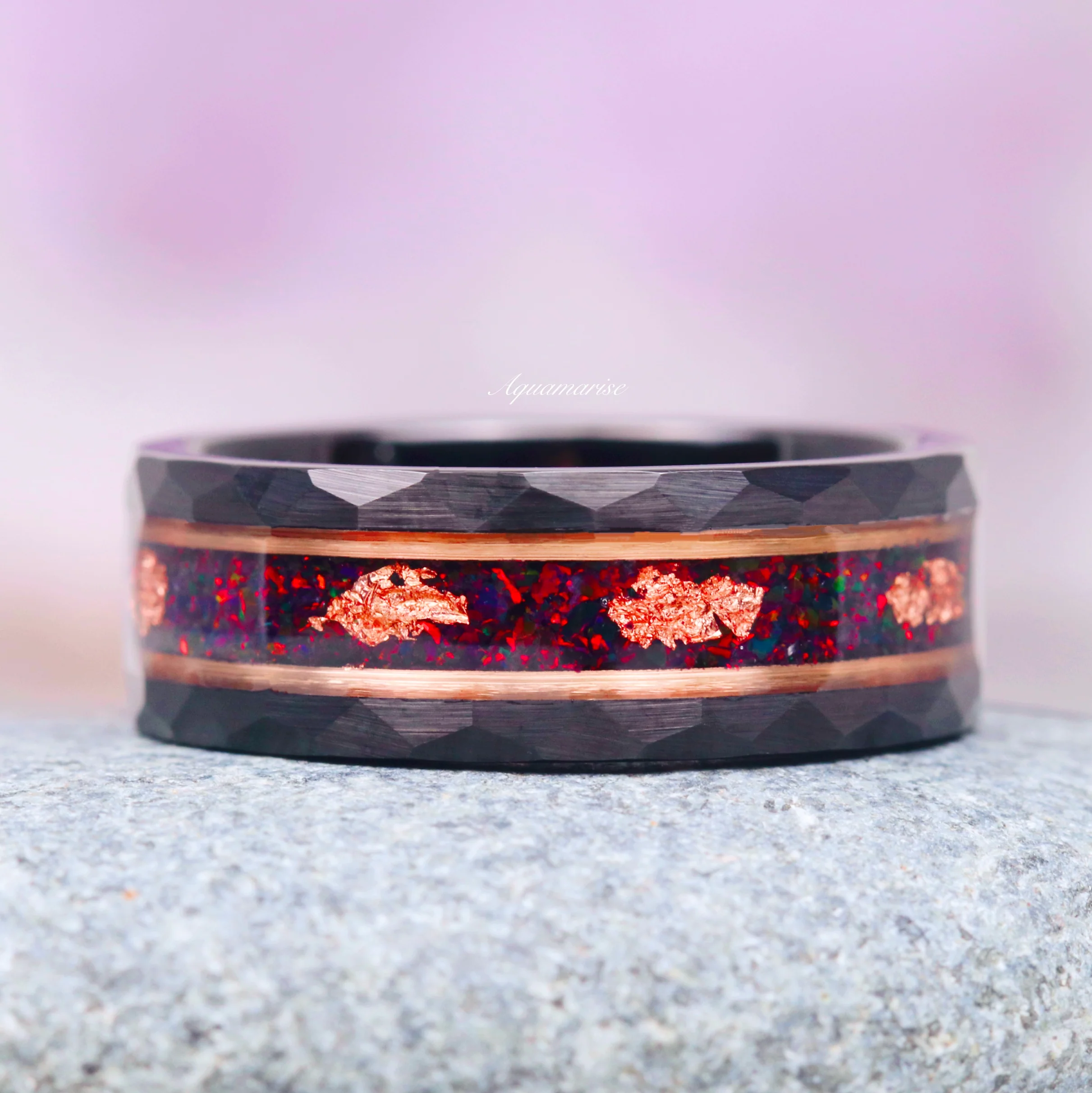 Black Fire Opal & Onyx Leaf Couples Ring Set - Image 4