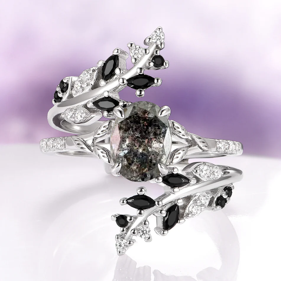 Galaxy Salt and Pepper (Herkimer) Diamond & Meteorite Couples Ring Set - Image 9