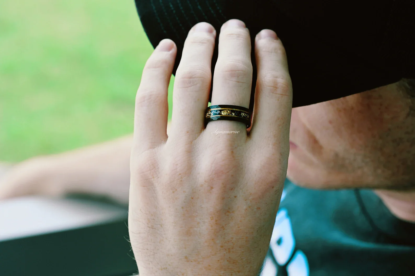 Black Onyx & Meteorite Gold Leaf Couples Ring Set - Image 10