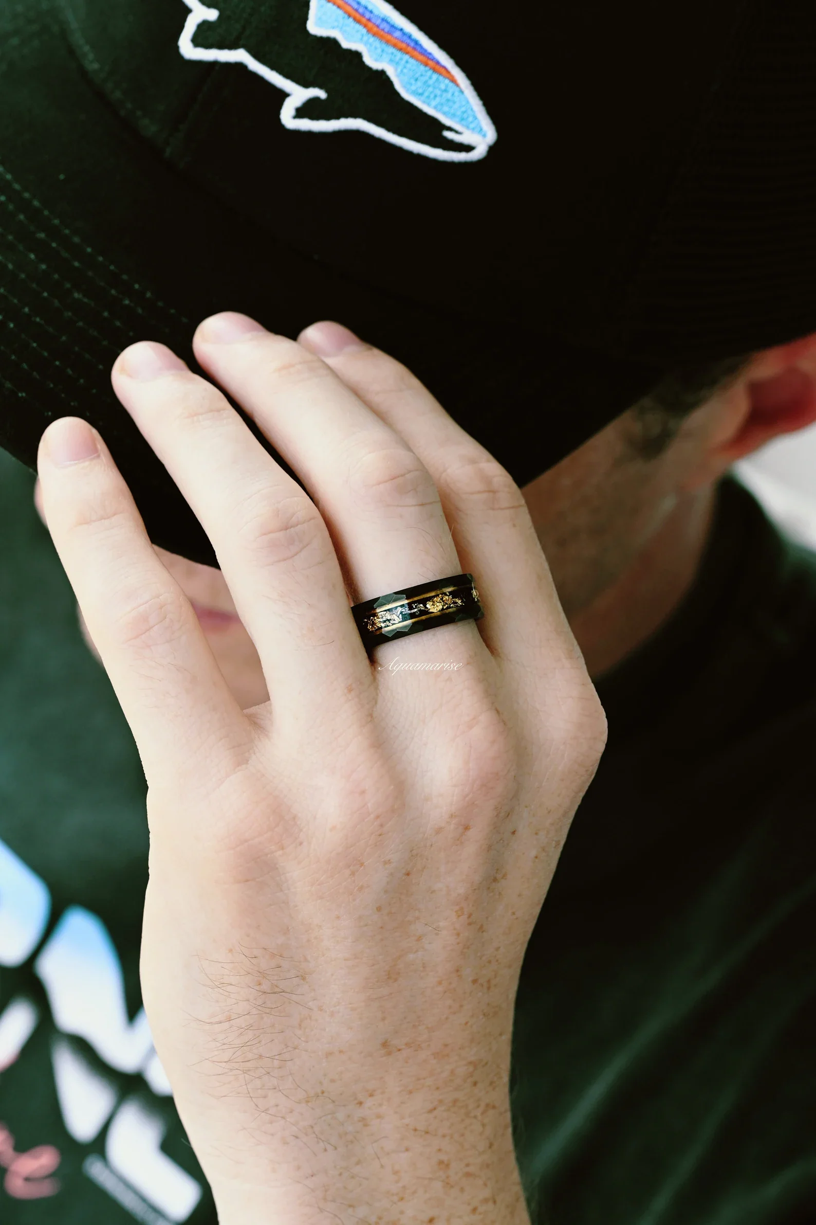 Black Onyx & Meteorite Gold Leaf Couples Ring Set - Image 11