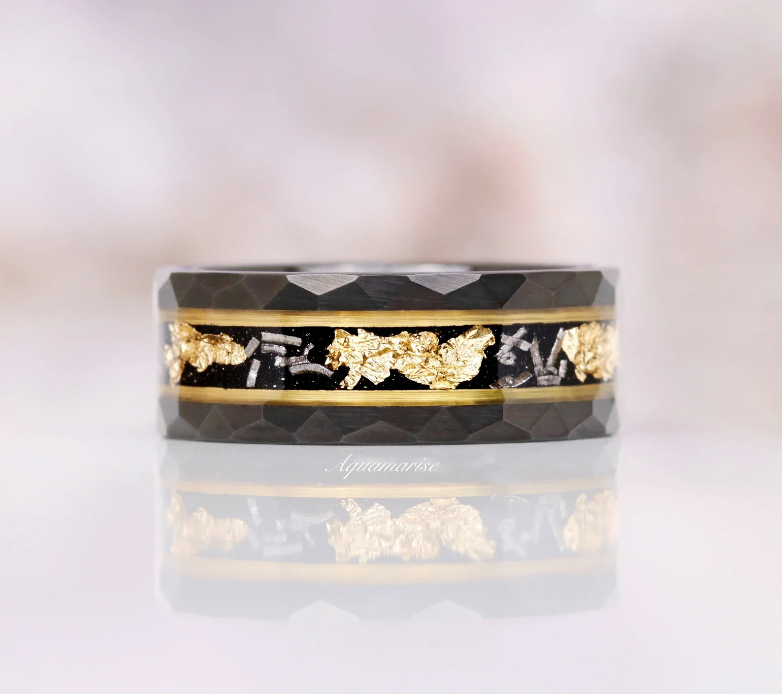 Black Onyx & Meteorite Gold Leaf Couples Ring Set - Image 13