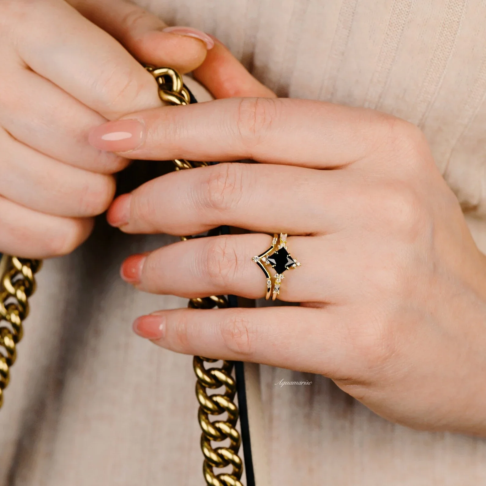 Black Onyx & Meteorite Gold Leaf Couples Ring Set - Image 6