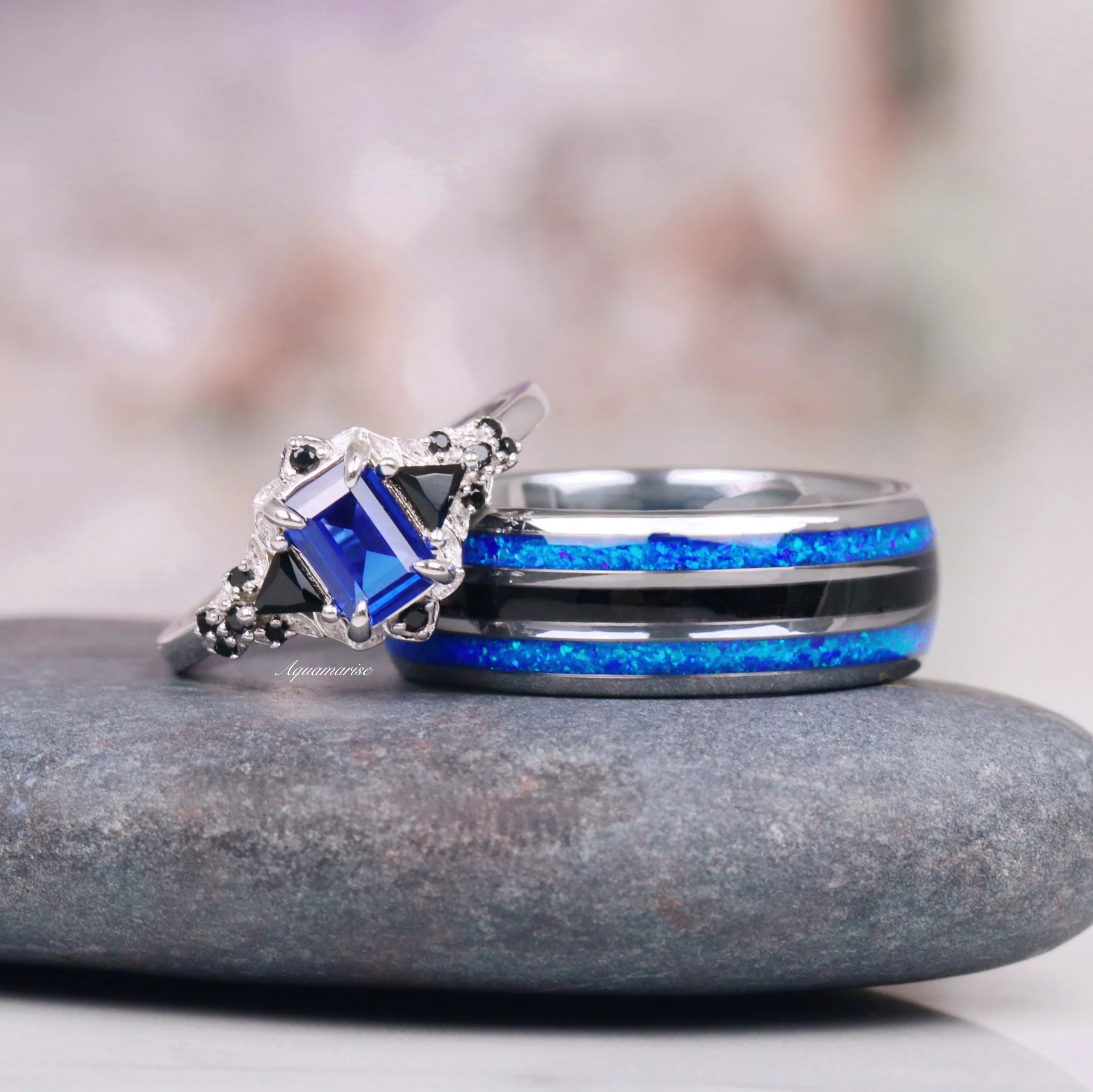 Blue Fire Opal & Black Onyx Wedding Band- 8MM Tungsten - Image 3