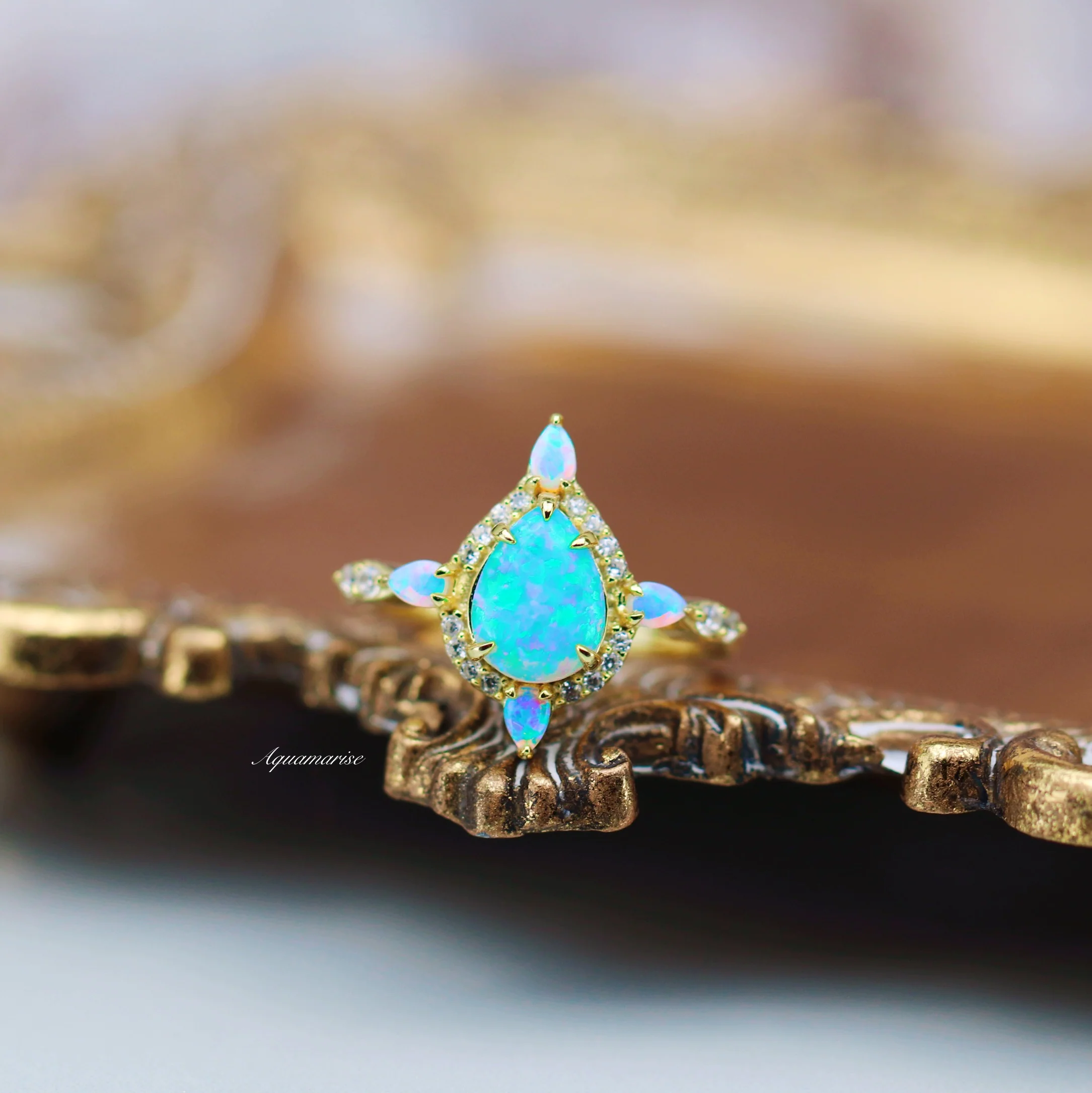 Blue Fire Opal & Crushed Diamond Couples Ring Set - Image 10