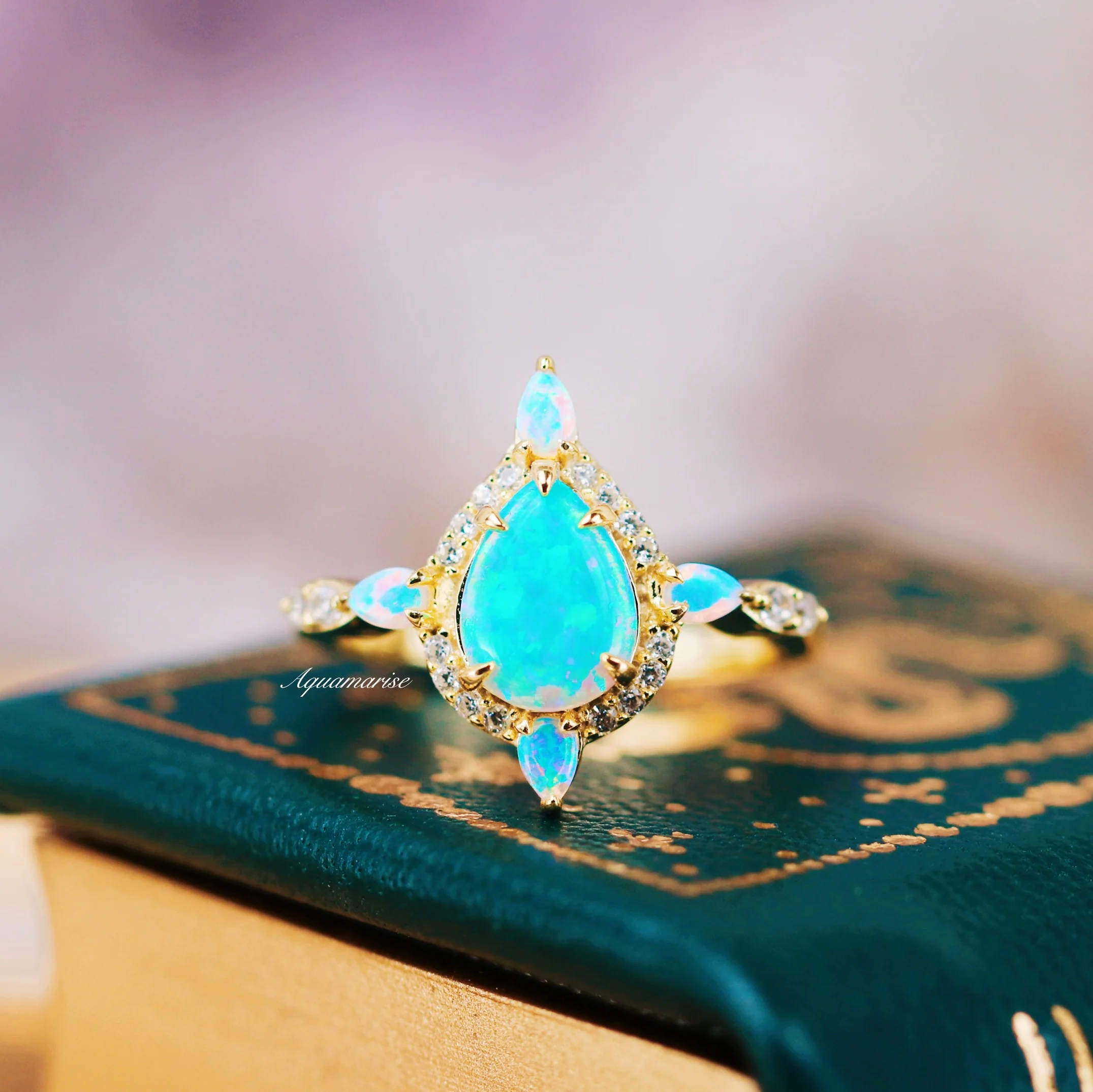 Blue Fire Opal & Crushed Diamond Couples Ring Set - Image 11