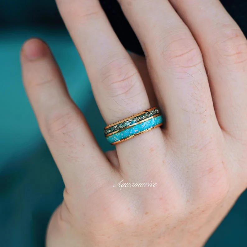 Blue Fire Opal & Crushed Diamond Couples Ring Set - Image 7