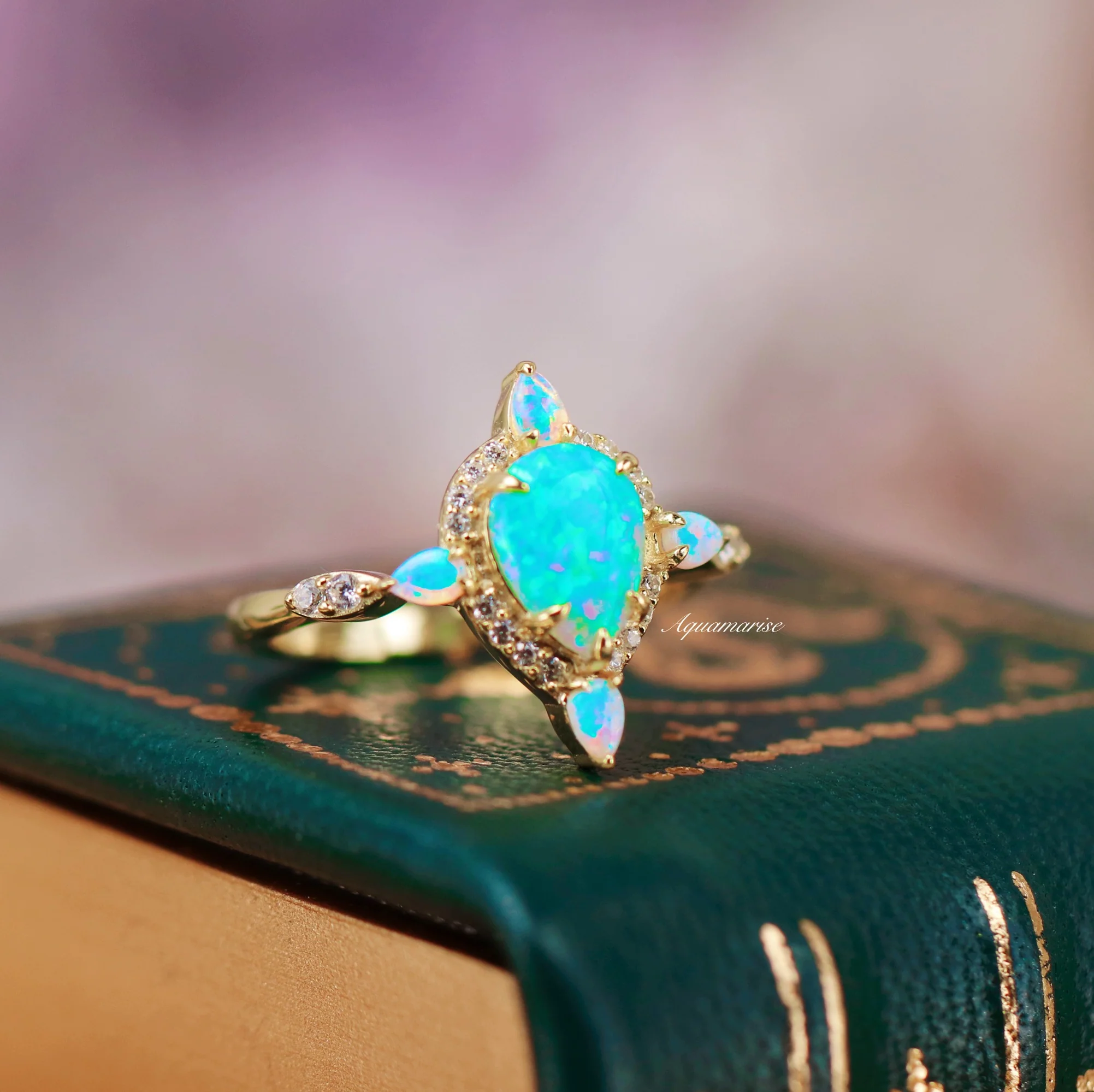 Blue Fire Opal & Crushed Diamond Couples Ring Set - Image 9