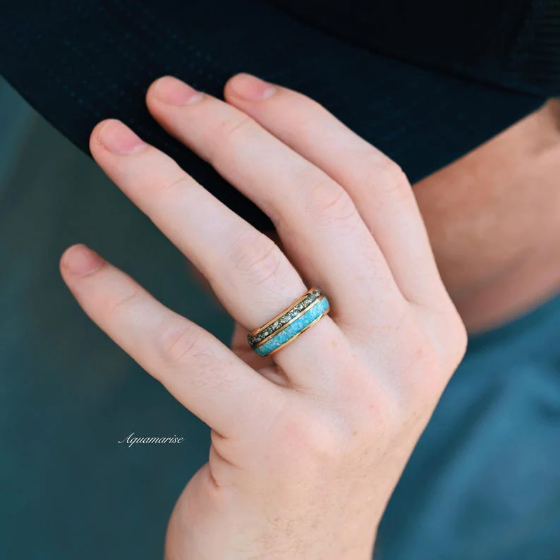 Blue Fire Opal & Simulated Diamond Wedding Band- 8MM Gold Tungsten - Image 4