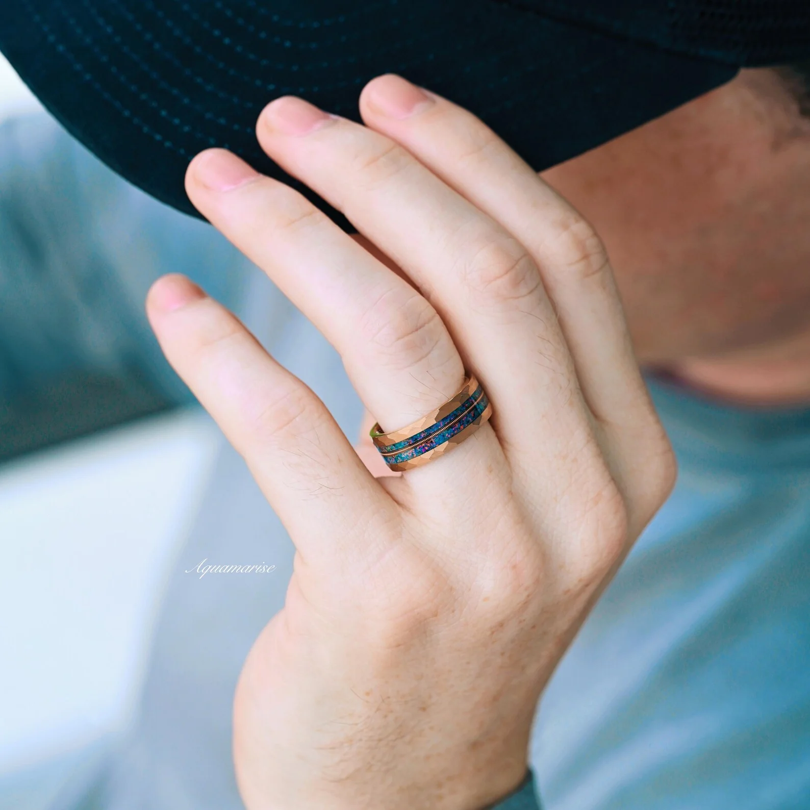 Blue Fire Opal & Guitar String Wedding Band- 8MM Rose Gold Tungsten - Image 3