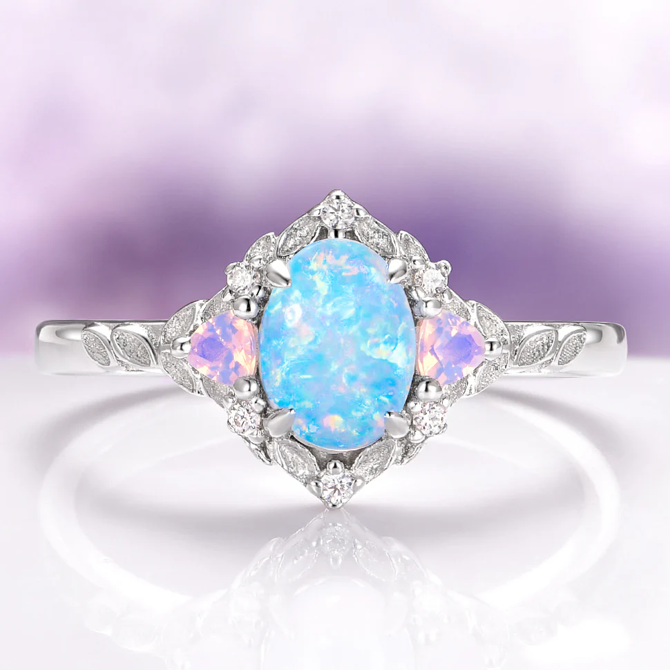 Blue Fire Opal & Opalescent Sapphire Leaf Engagement Ring in Sterling Silver