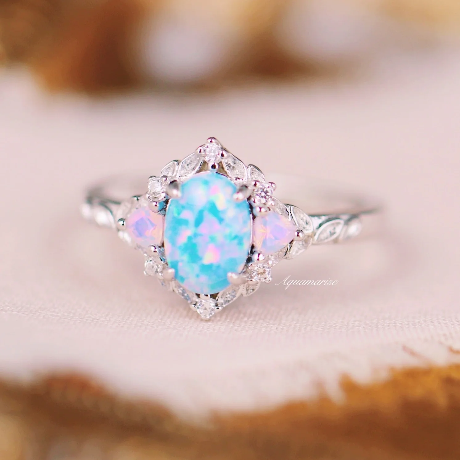 Blue Fire Opal & Opalescent Sapphire Leaf Engagement Ring in Sterling Silver - Image 2